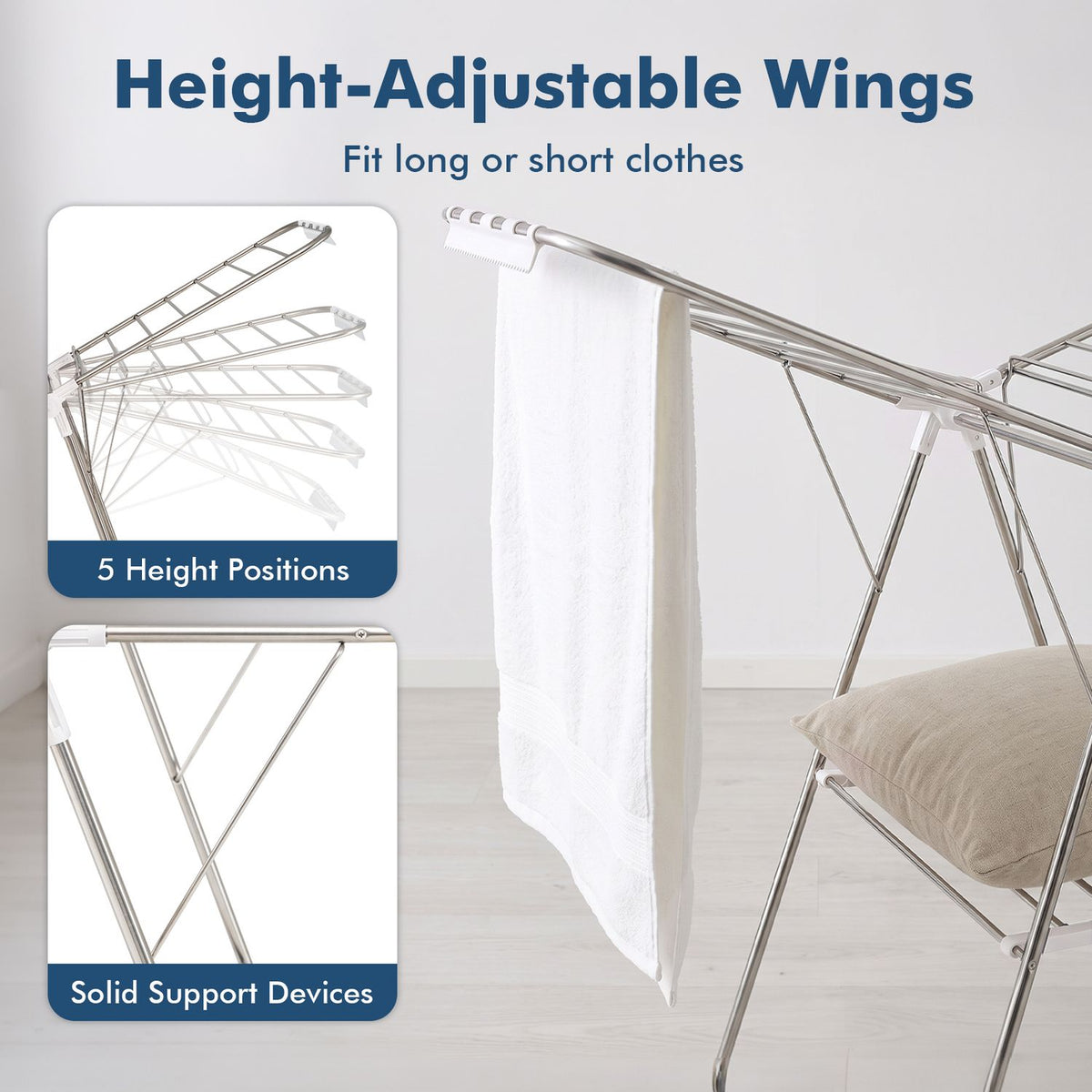 Foldable Clothes Drying Rack with Sock Clips Heavy-Duty Stainless Steel Frame
