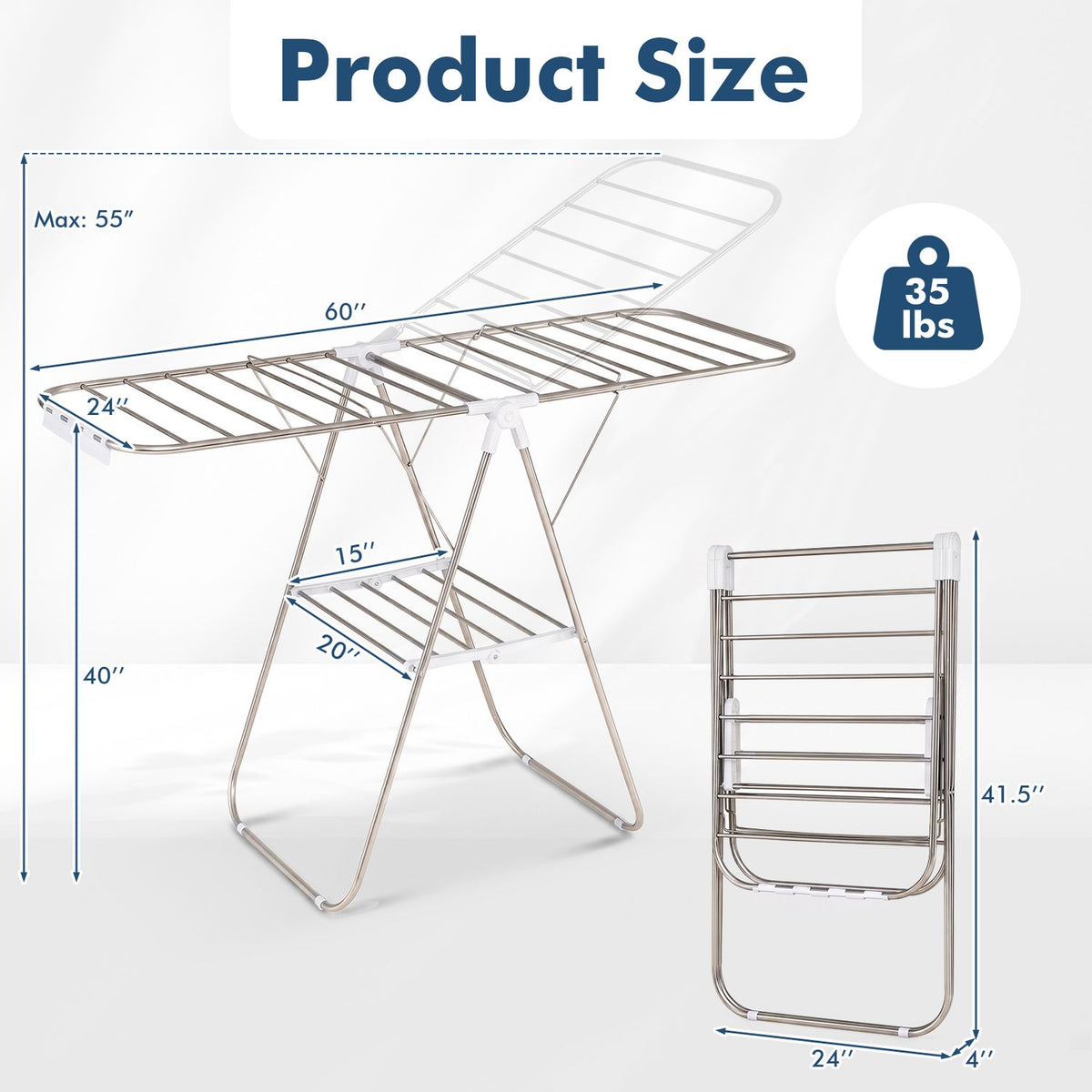 Foldable Clothes Drying Rack with Sock Clips Heavy-Duty Stainless Steel Frame