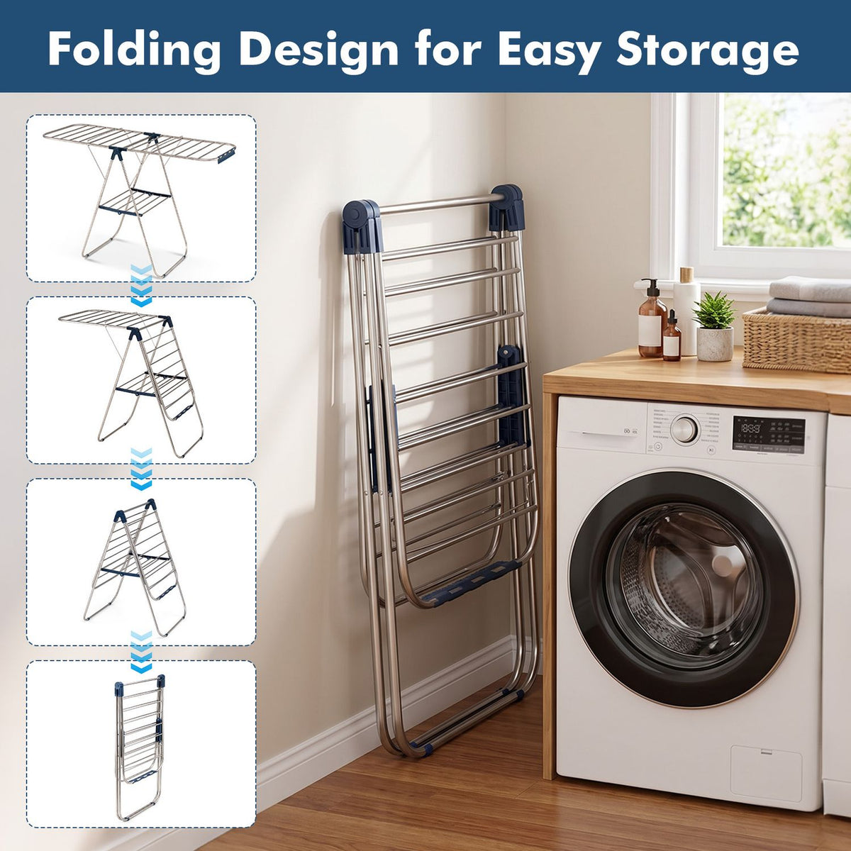Foldable Clothes Drying Rack with Sock Clips Heavy-Duty Stainless Steel Frame