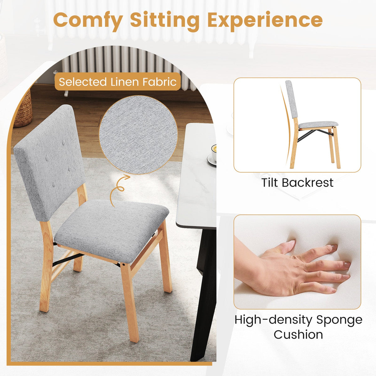 Foldable Dining Chair Set of 2 Armless Kitchen Chair with Padded Seat and Tilt Backrest