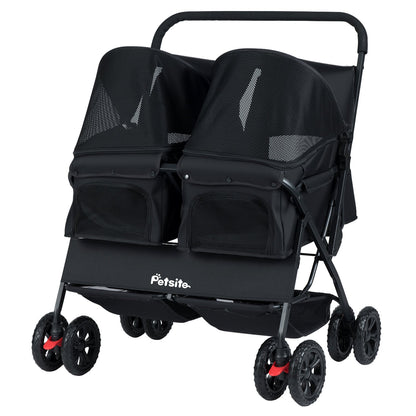 Foldable Double Pet Stroller with Adjustable Sunshade and Storage Basket