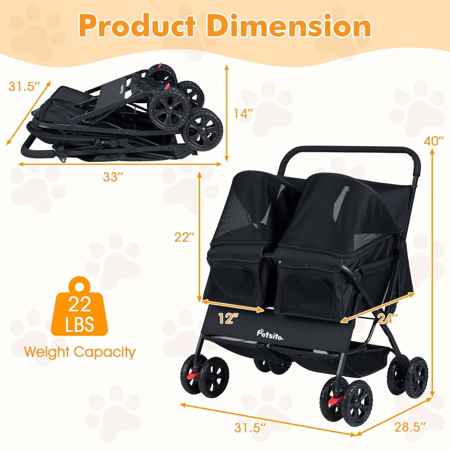 Foldable Double Pet Stroller with Adjustable Sunshade and Storage Basket