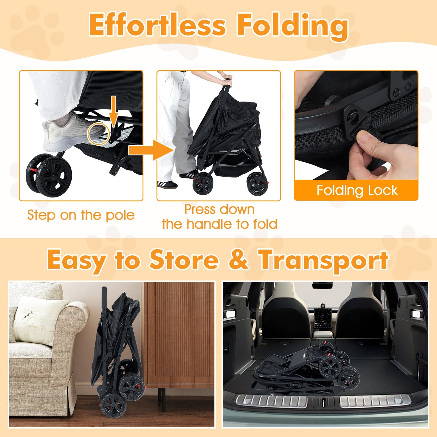 Foldable Double Pet Stroller with Adjustable Sunshade and Storage Basket