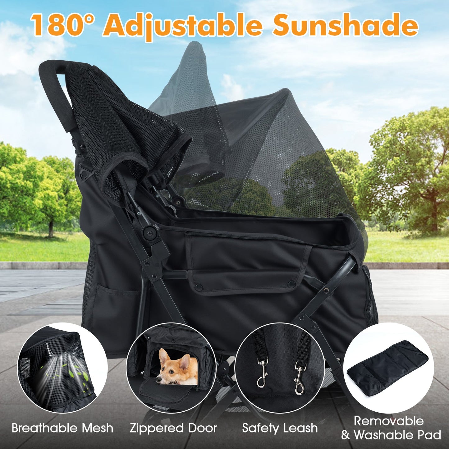 Foldable Double Pet Stroller with Adjustable Sunshade and Storage Basket