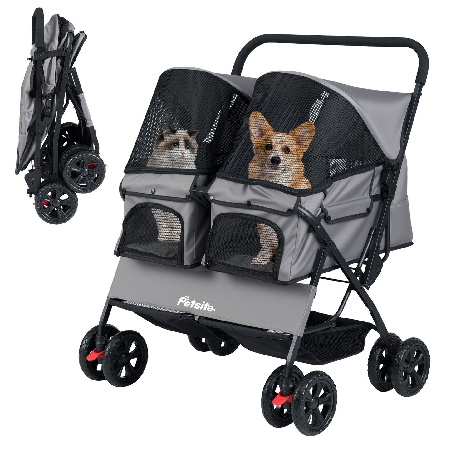 Foldable Double Pet Stroller with Adjustable Sunshade and Storage Basket