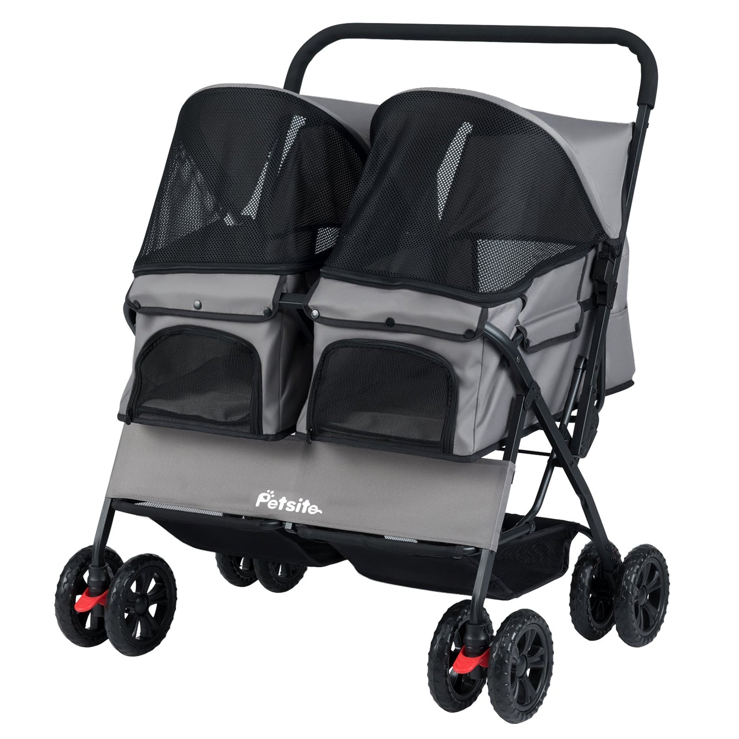 Foldable Double Pet Stroller with Adjustable Sunshade and Storage Basket