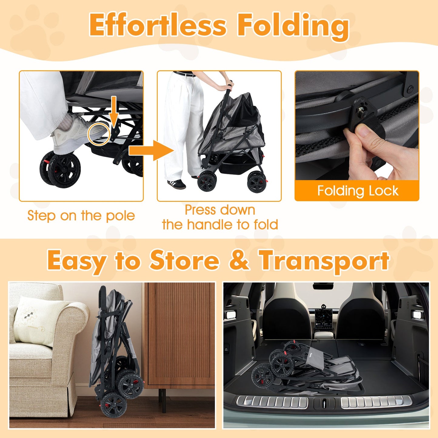 Foldable Double Pet Stroller with Adjustable Sunshade and Storage Basket