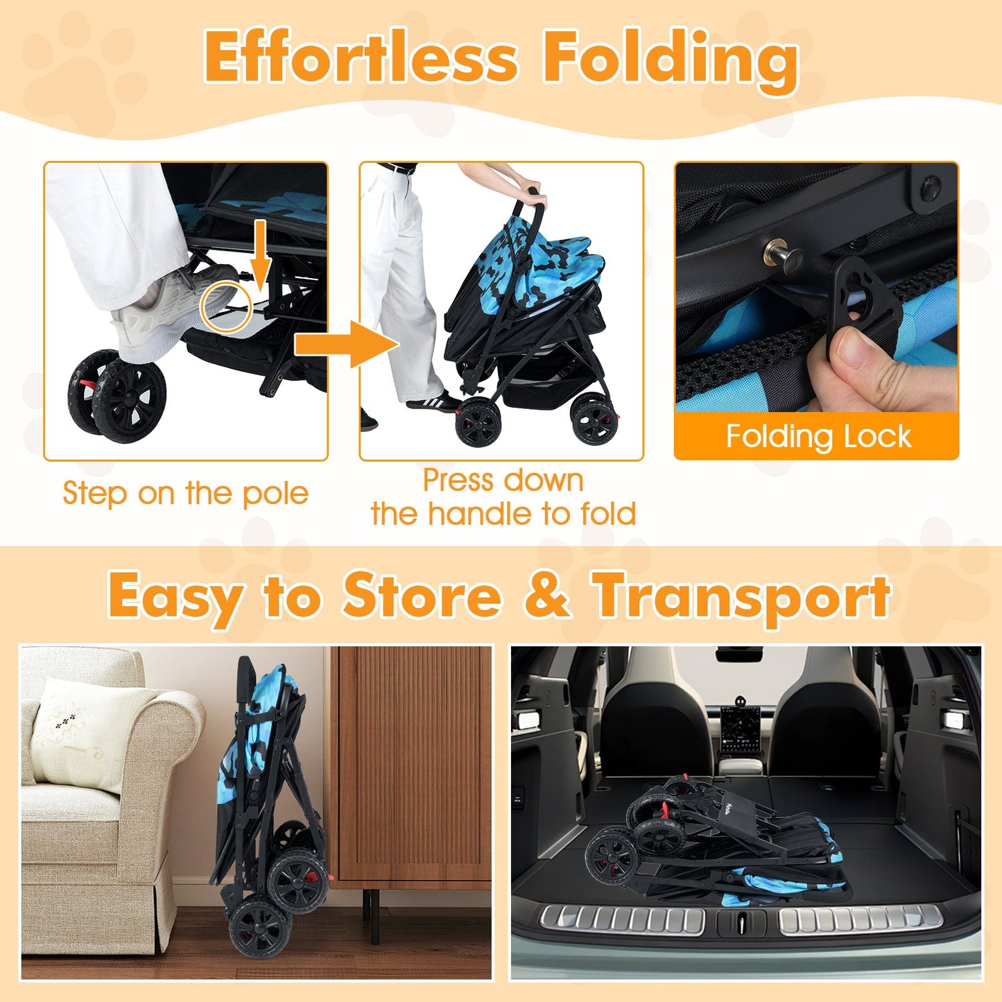 Foldable Double Pet Stroller with Adjustable Sunshade and Storage Basket