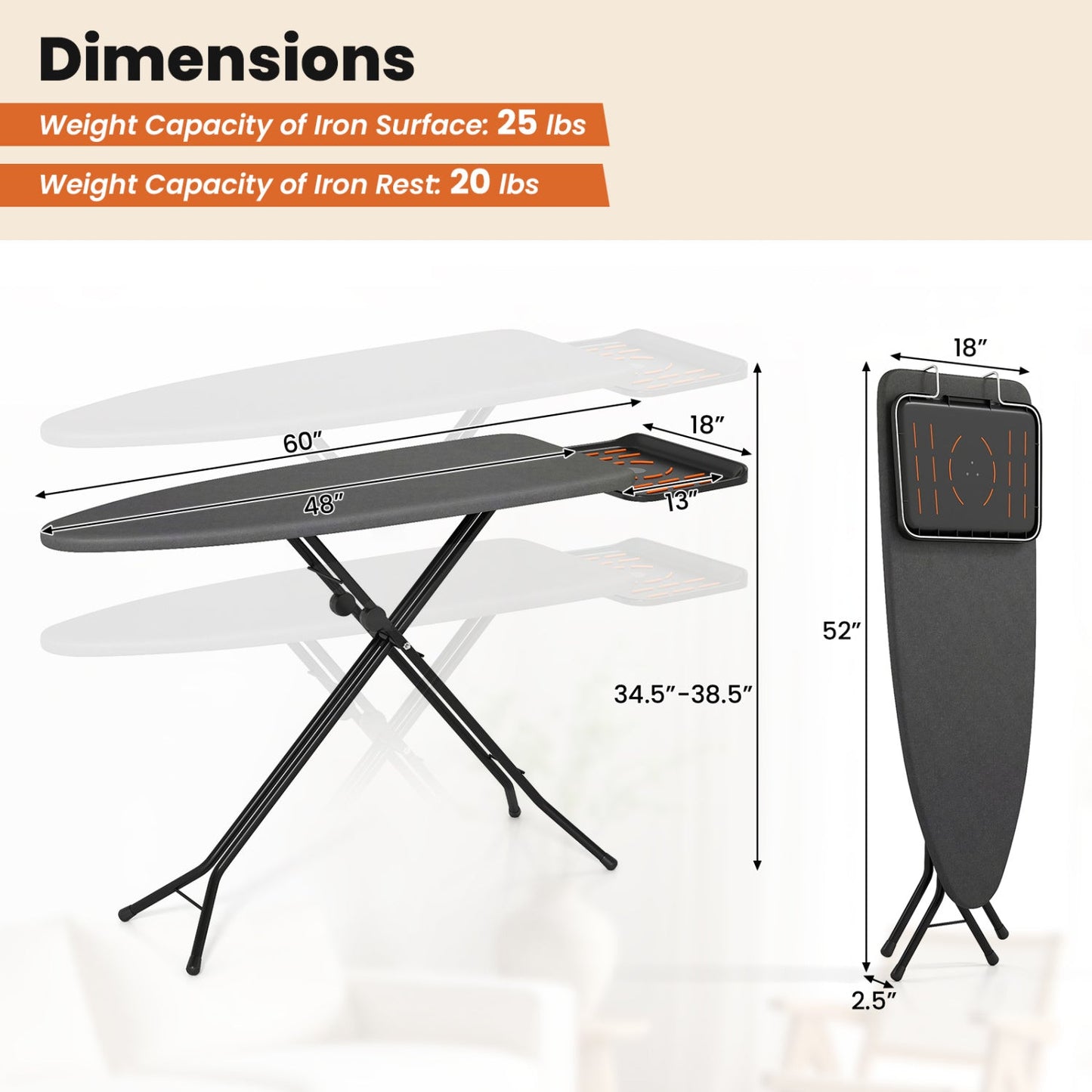 Full Size Foldable Ironing Board with Collapsible Iron Rest