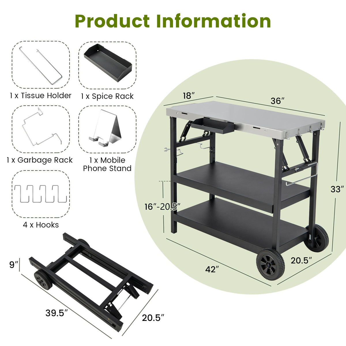 3 Tiers Foldable Outdoor Cart on 2 Wheels with Phone Holder-Black