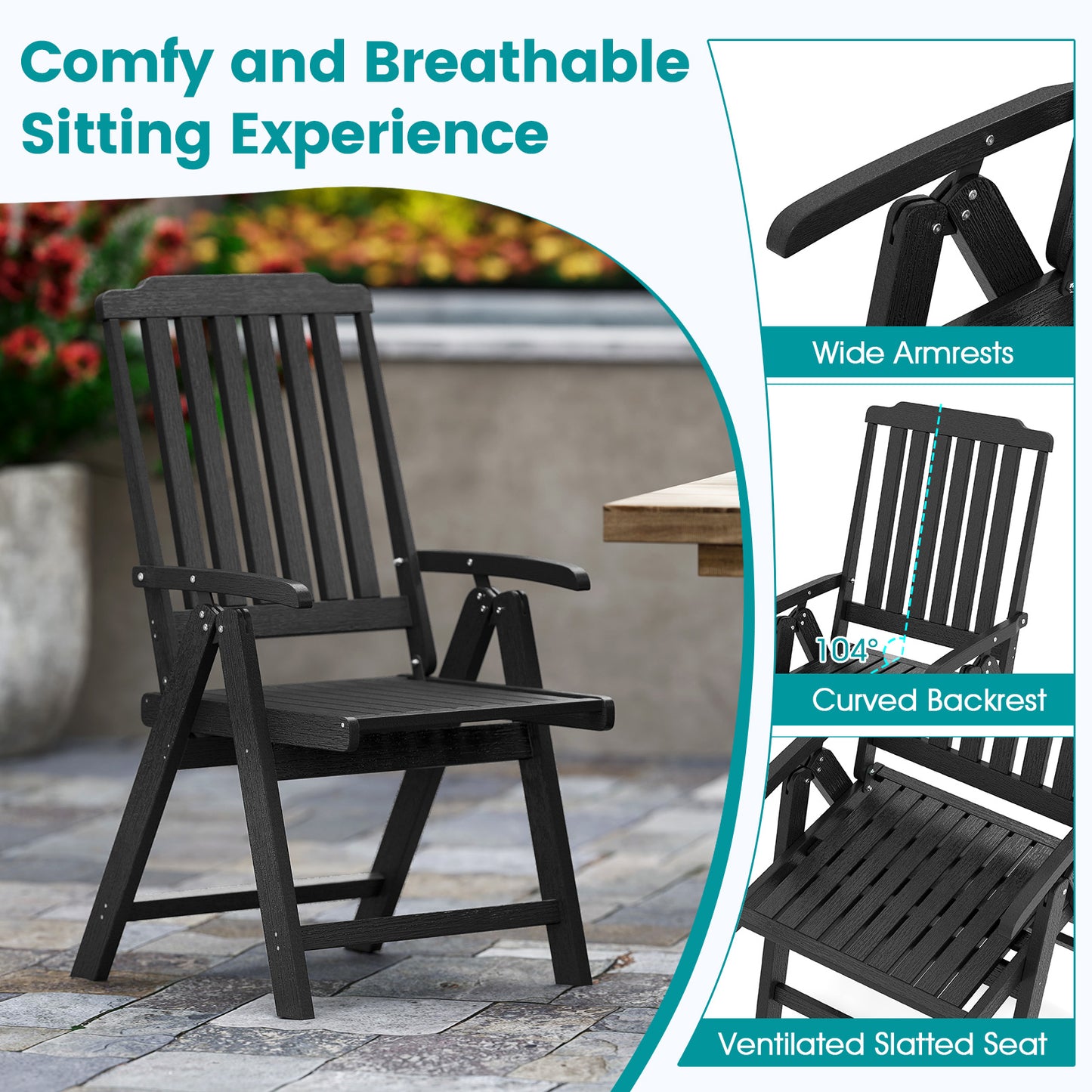 Foldable Patio Dining Chair with Armrests - HDPE All-Weather