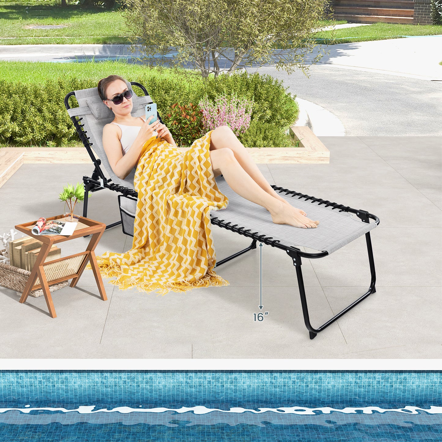 Adjustable Folding Lounge Chair with Footrest - 265 lb Capacity