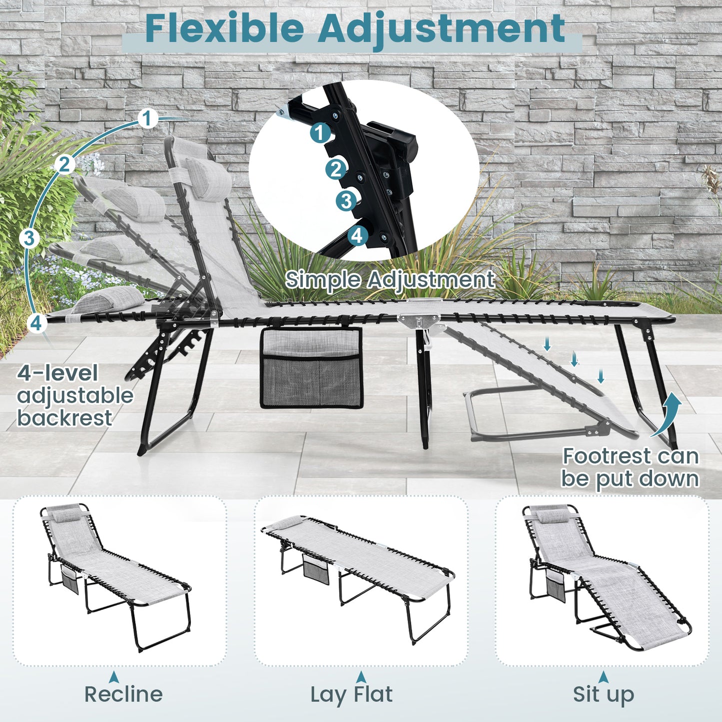 Adjustable Folding Lounge Chair with Footrest - 265 lb Capacity