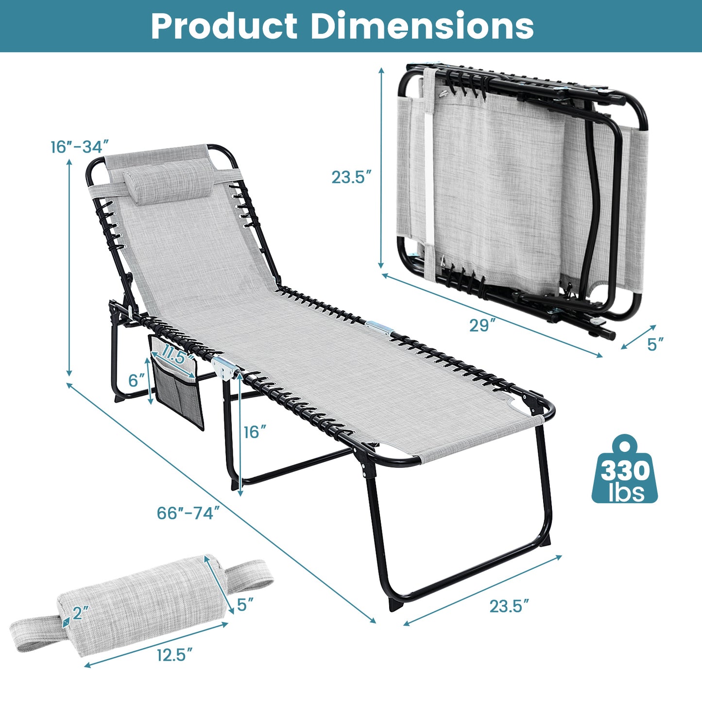 Adjustable Folding Lounge Chair with Footrest - 265 lb Capacity