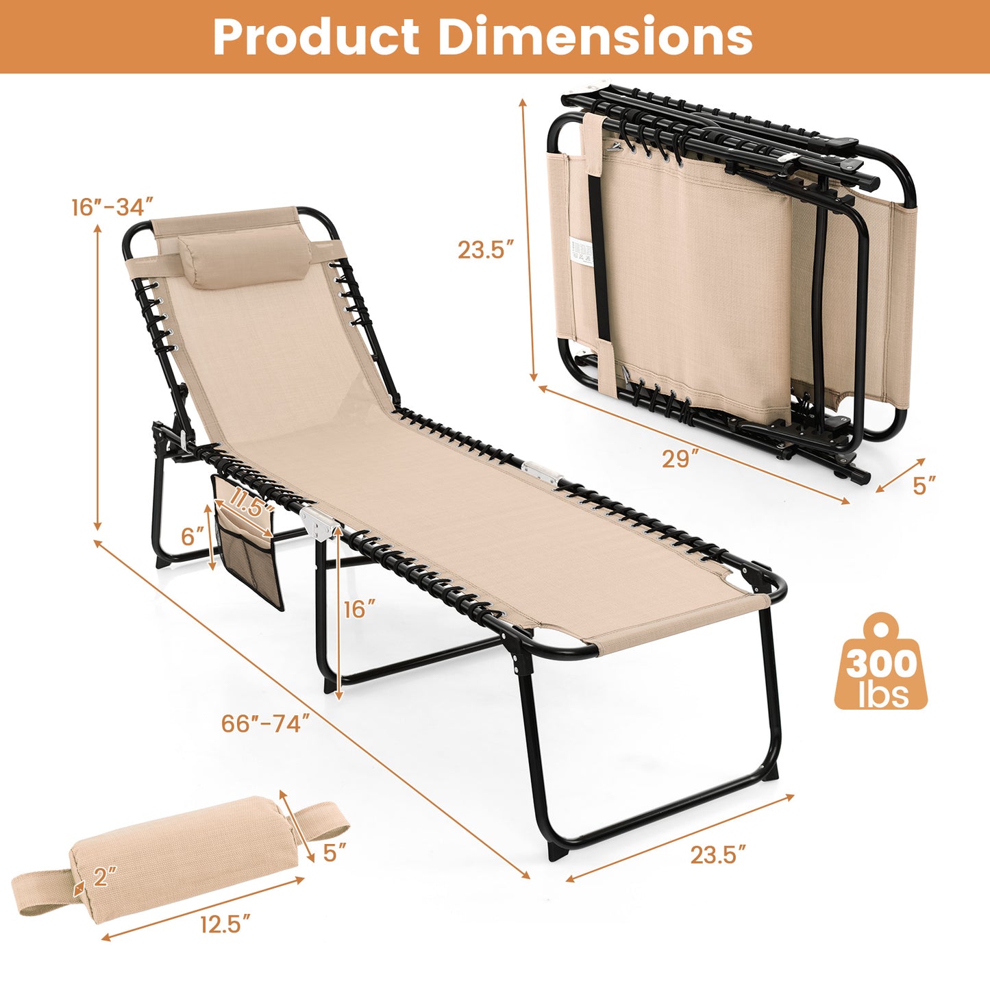 Adjustable Folding Lounge Chair with Footrest - 265 lb Capacity