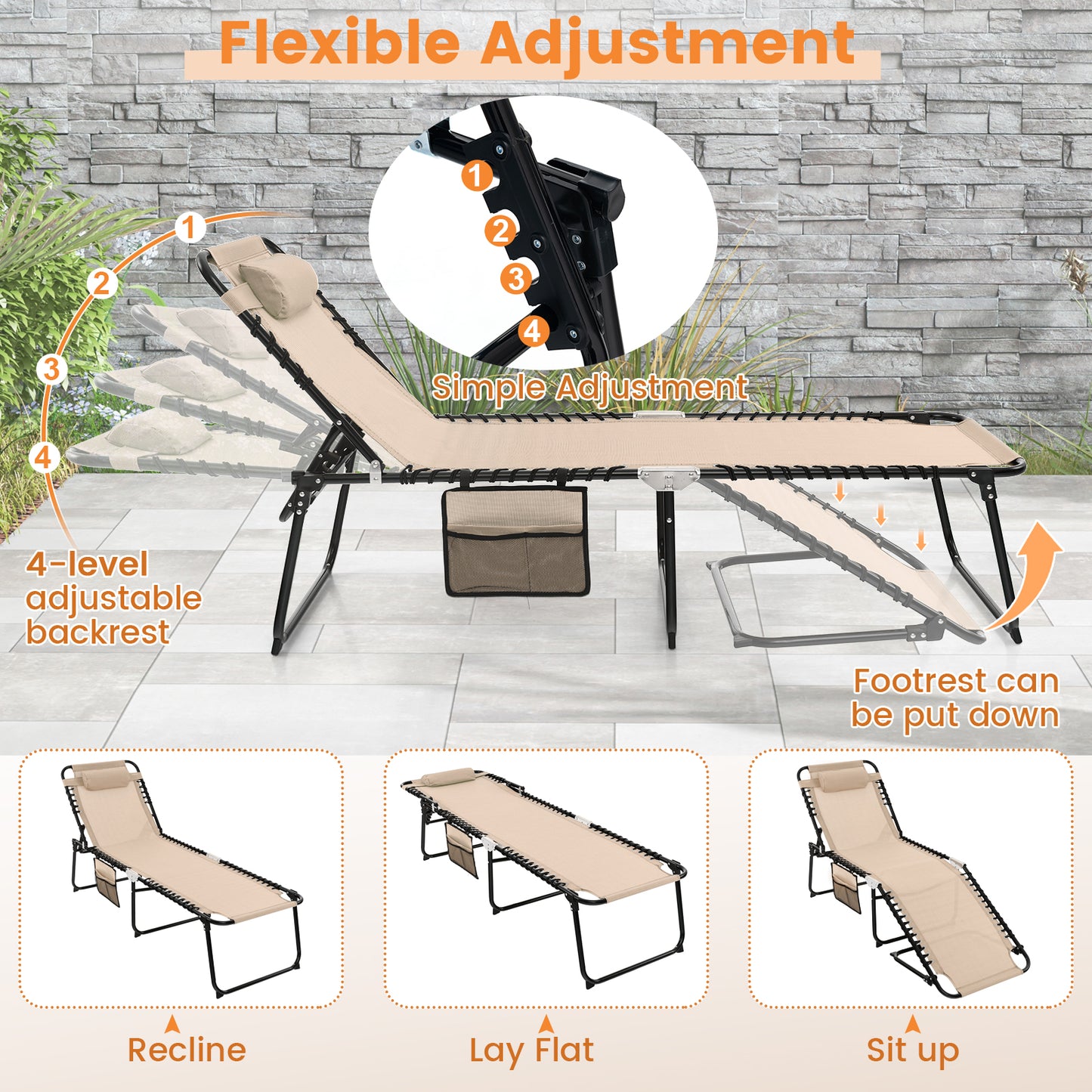 Adjustable Folding Lounge Chair with Footrest - 265 lb Capacity