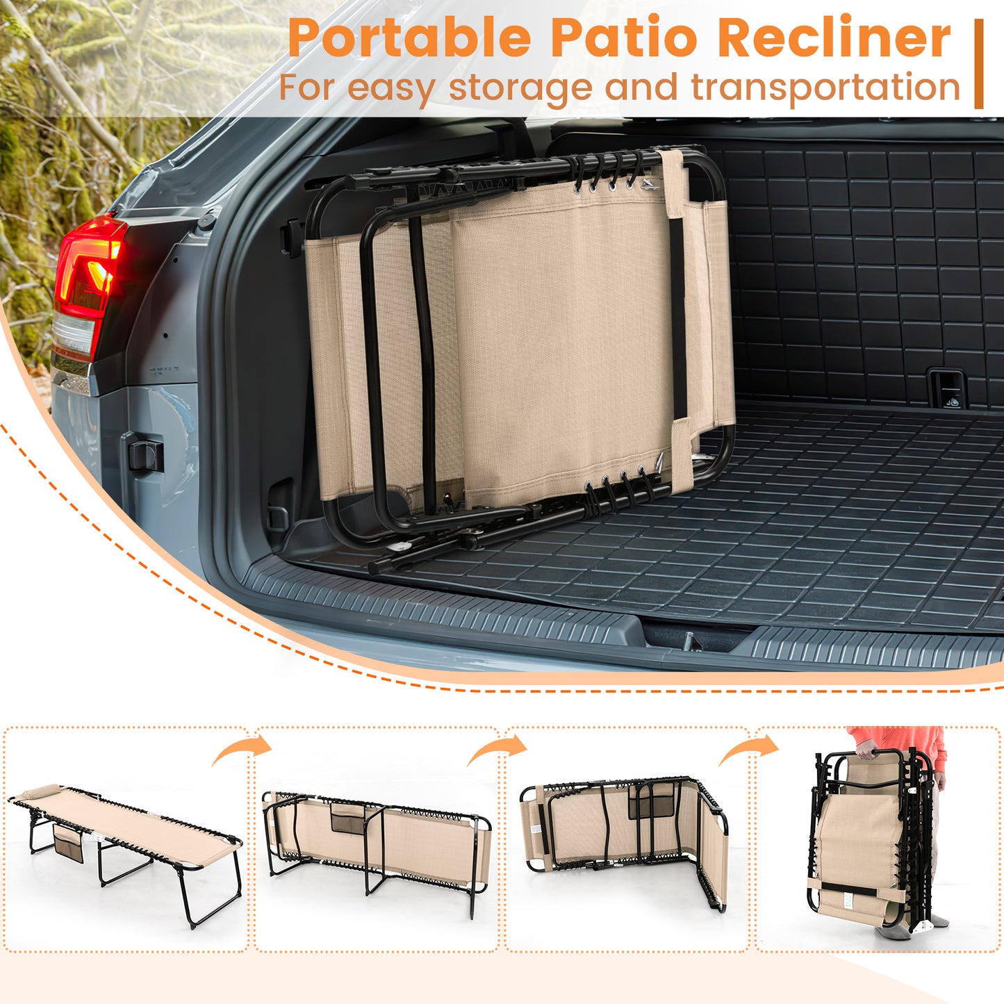 Adjustable Folding Lounge Chair with Footrest - 265 lb Capacity