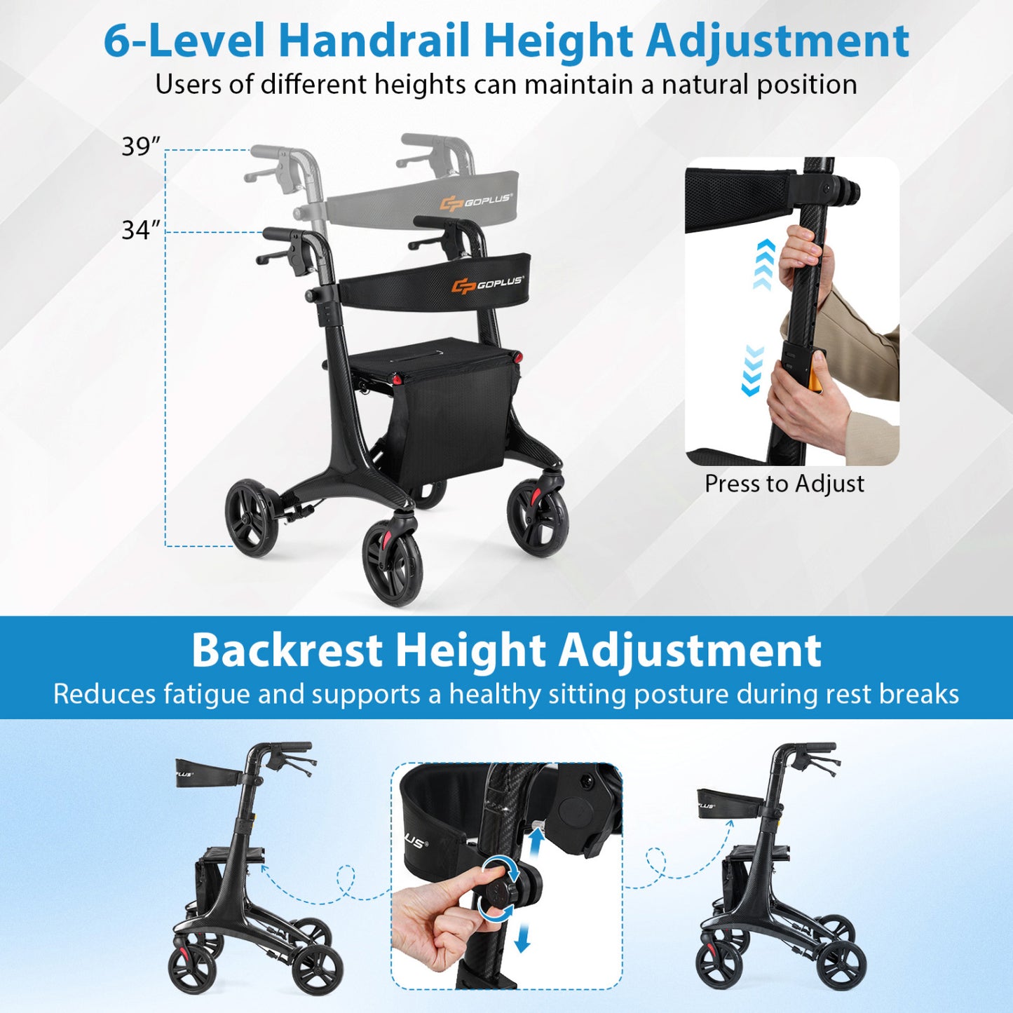 Rollator Walker with Seat for Seniors - Foldable Carbon Fiber