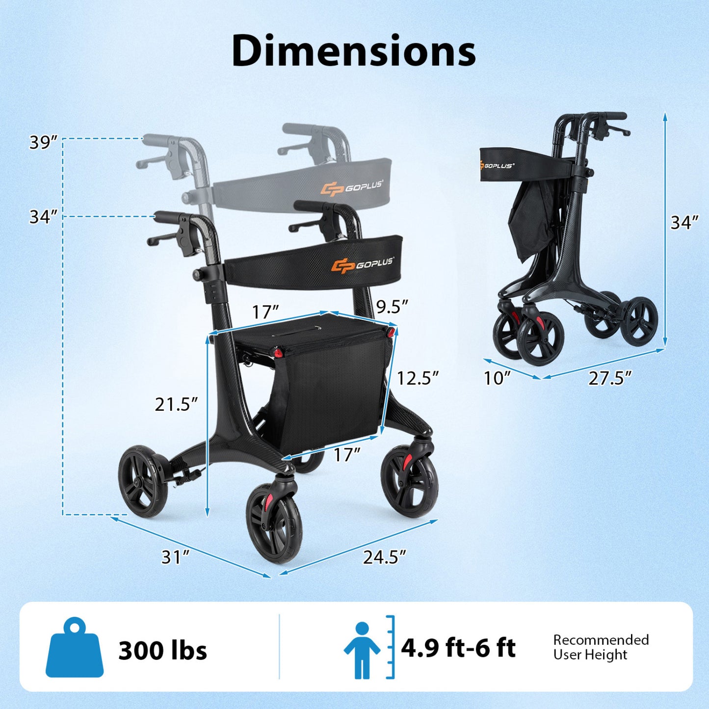 Rollator Walker with Seat for Seniors - Foldable Carbon Fiber