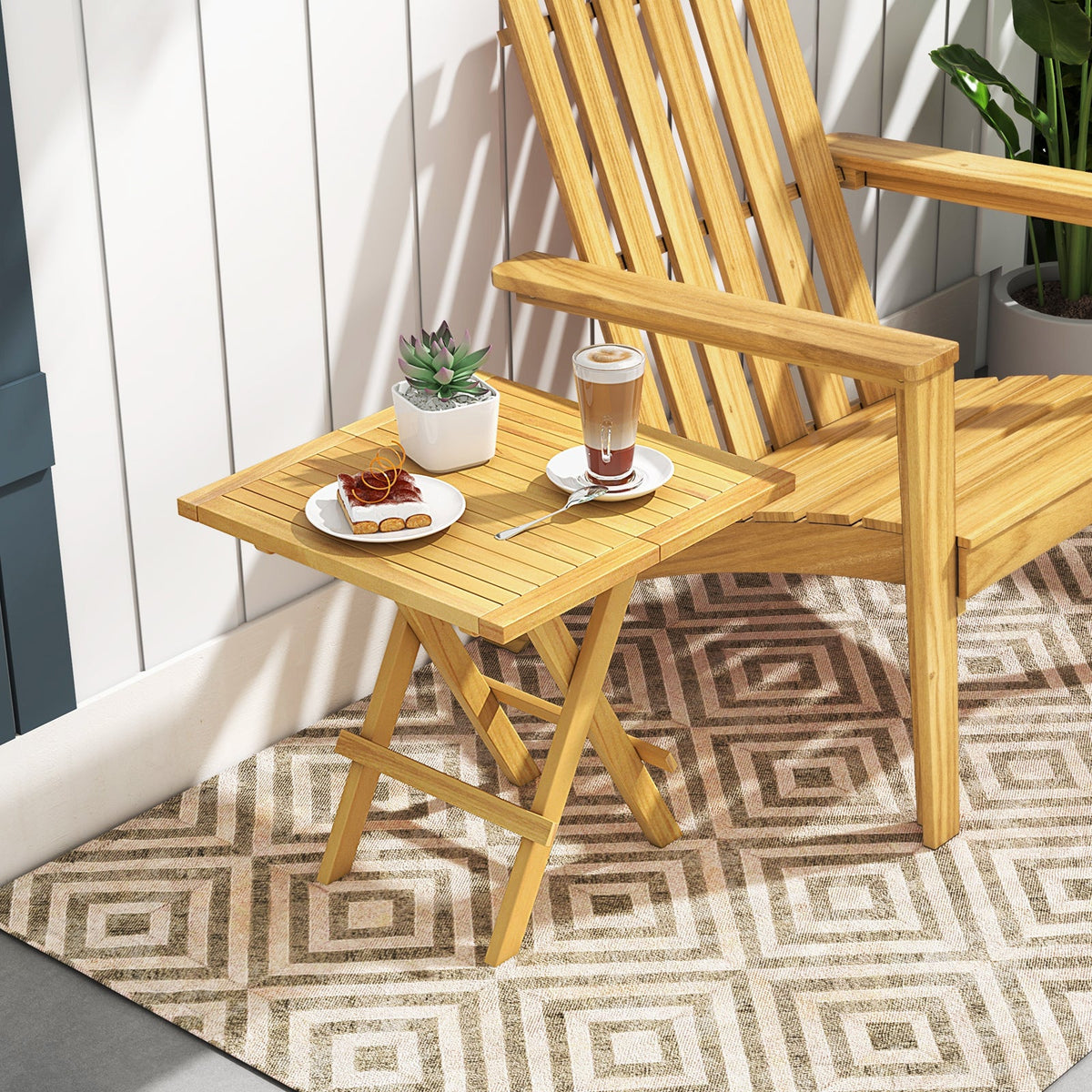 Patio Folding Side Table with X-shaped Legs and Slatted Tabletop