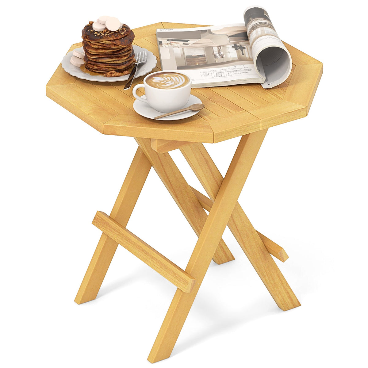 Teak Wood Octagon Coffee Table with X-shaped Legs and Slatted Tabletop