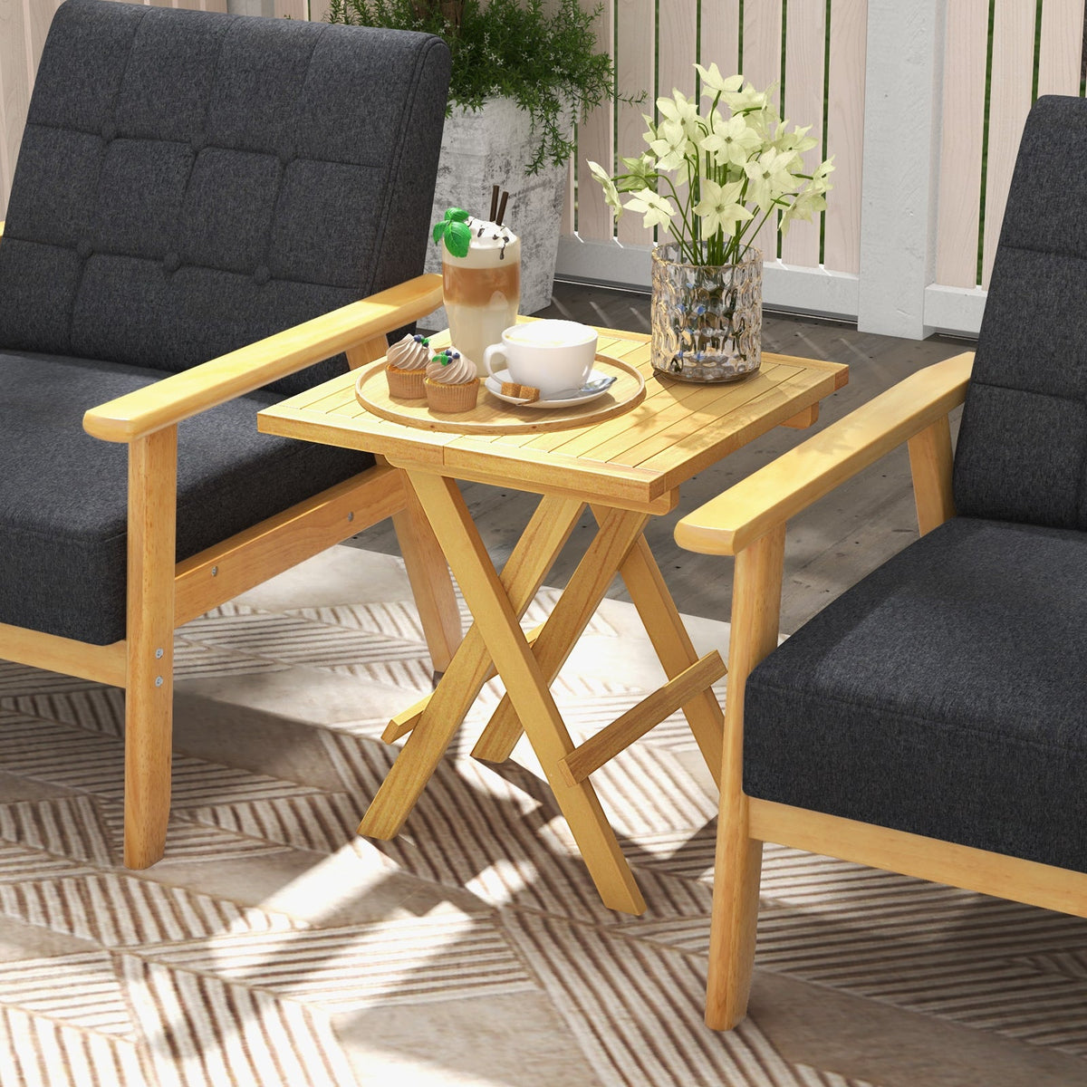 Teak Wood Square Coffee Table with X-shaped Legs and Slatted Tabletop