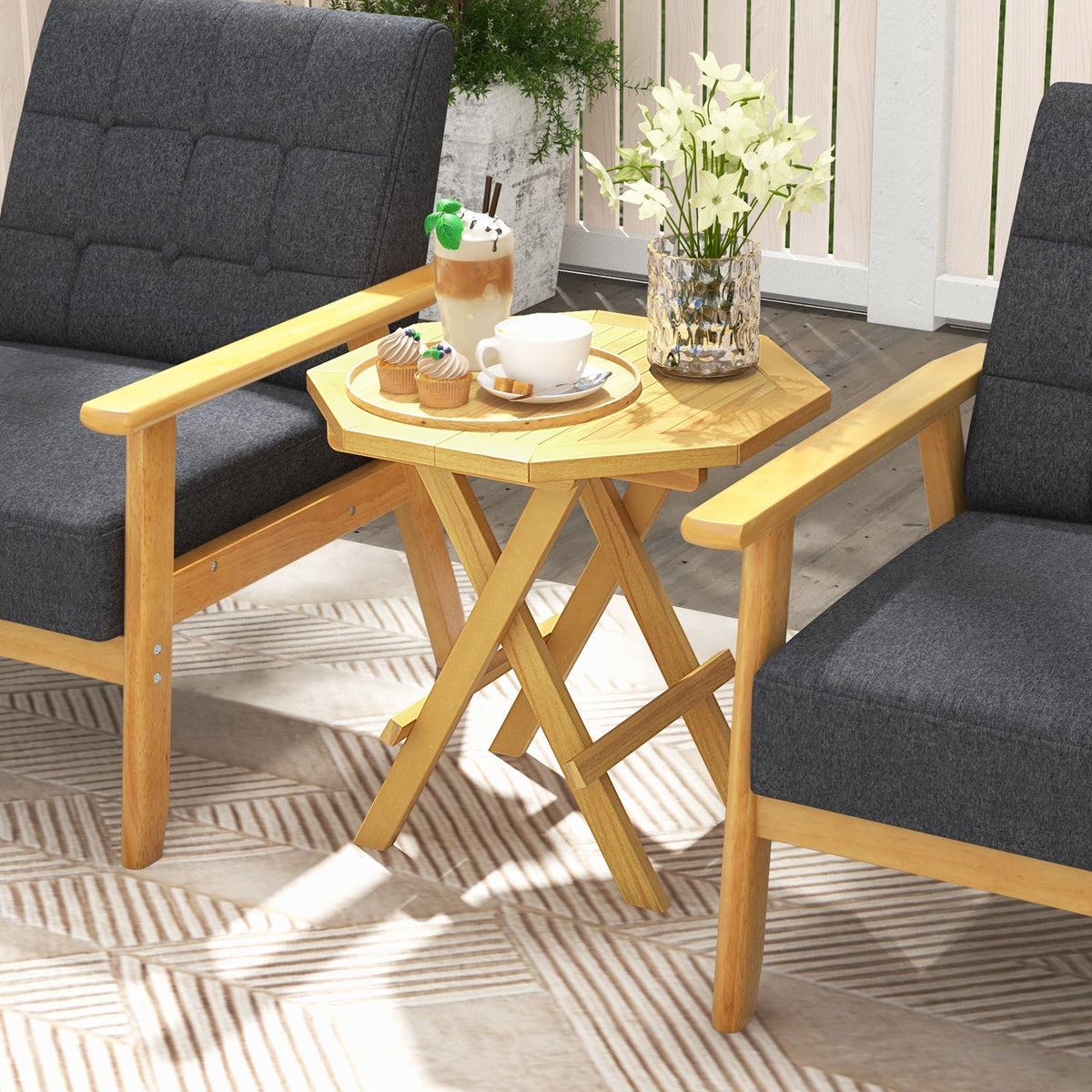 Teak Wood Octagon Coffee Table with X-shaped Legs and Slatted Tabletop
