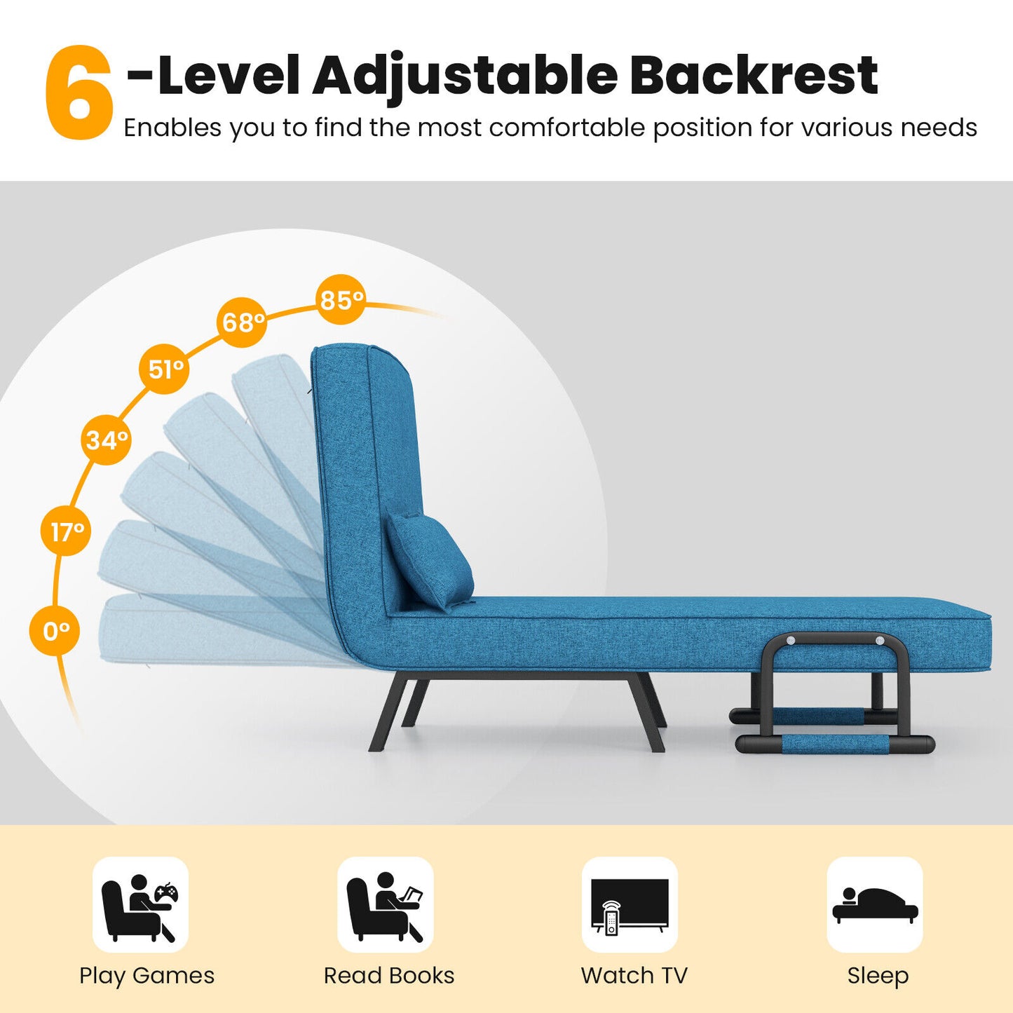 Convertible Sleeper Chair with 6 Position Adjustable Backrest