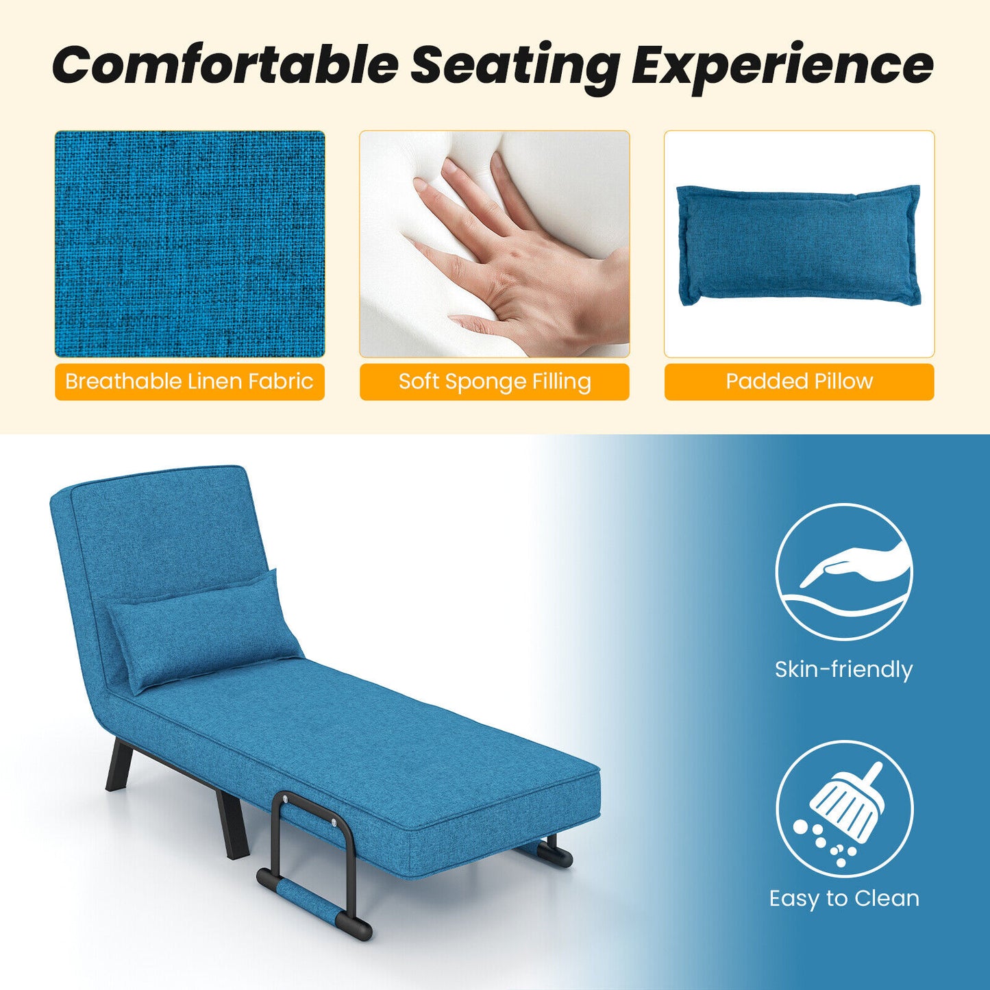 Convertible Sleeper Chair with 6 Position Adjustable Backrest