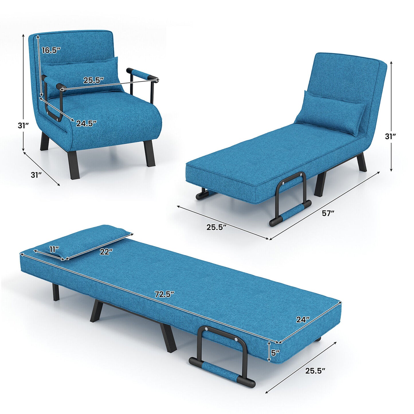 Convertible Sleeper Chair with 6 Position Adjustable Backrest