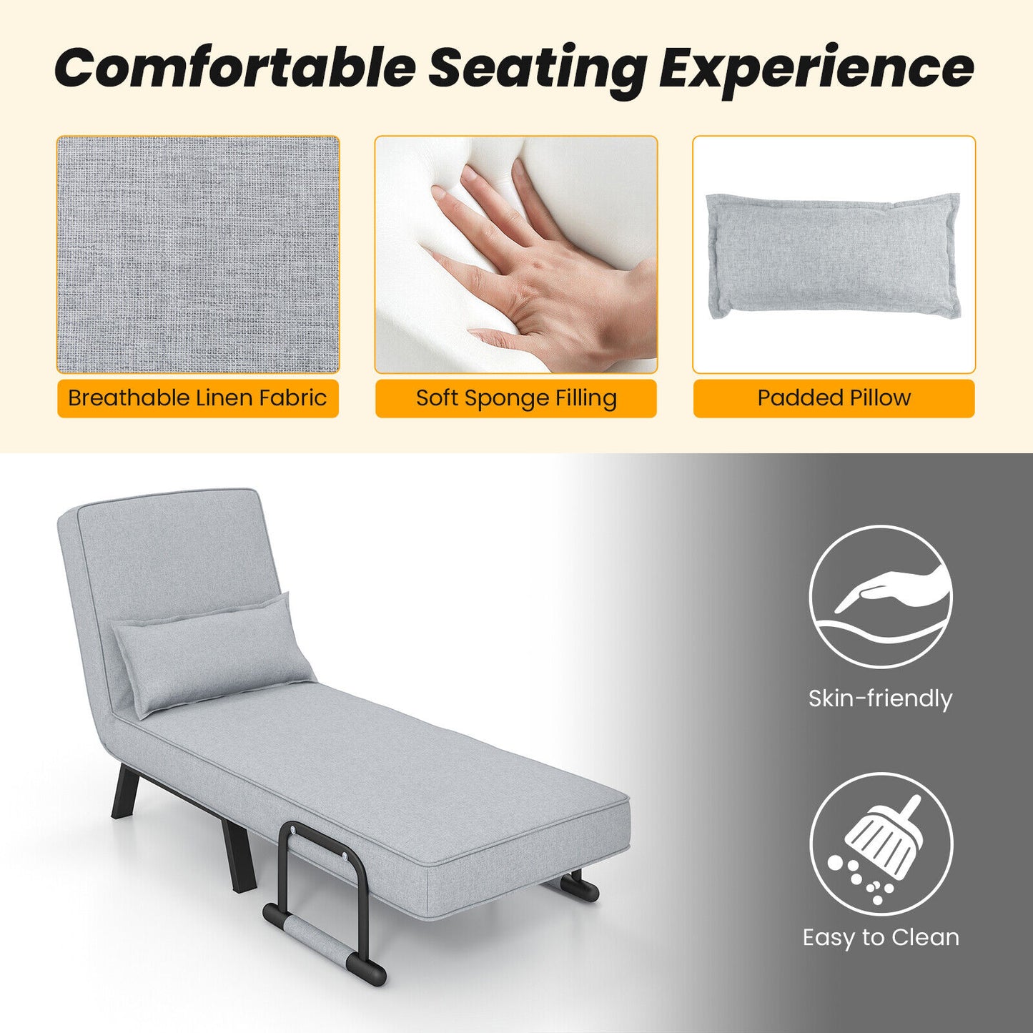 Convertible Sleeper Chair with 6 Position Adjustable Backrest
