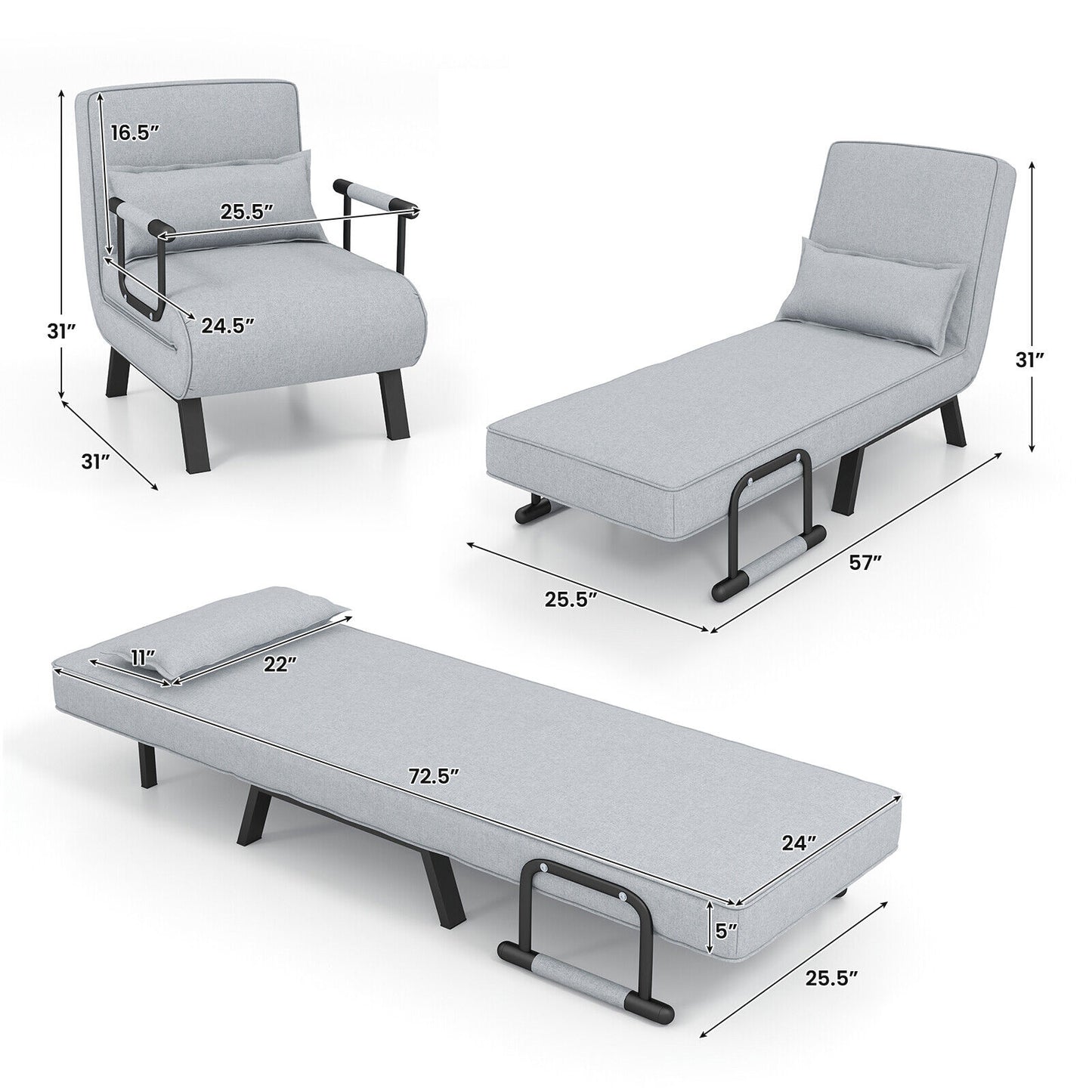 Convertible Sleeper Chair with 6 Position Adjustable Backrest