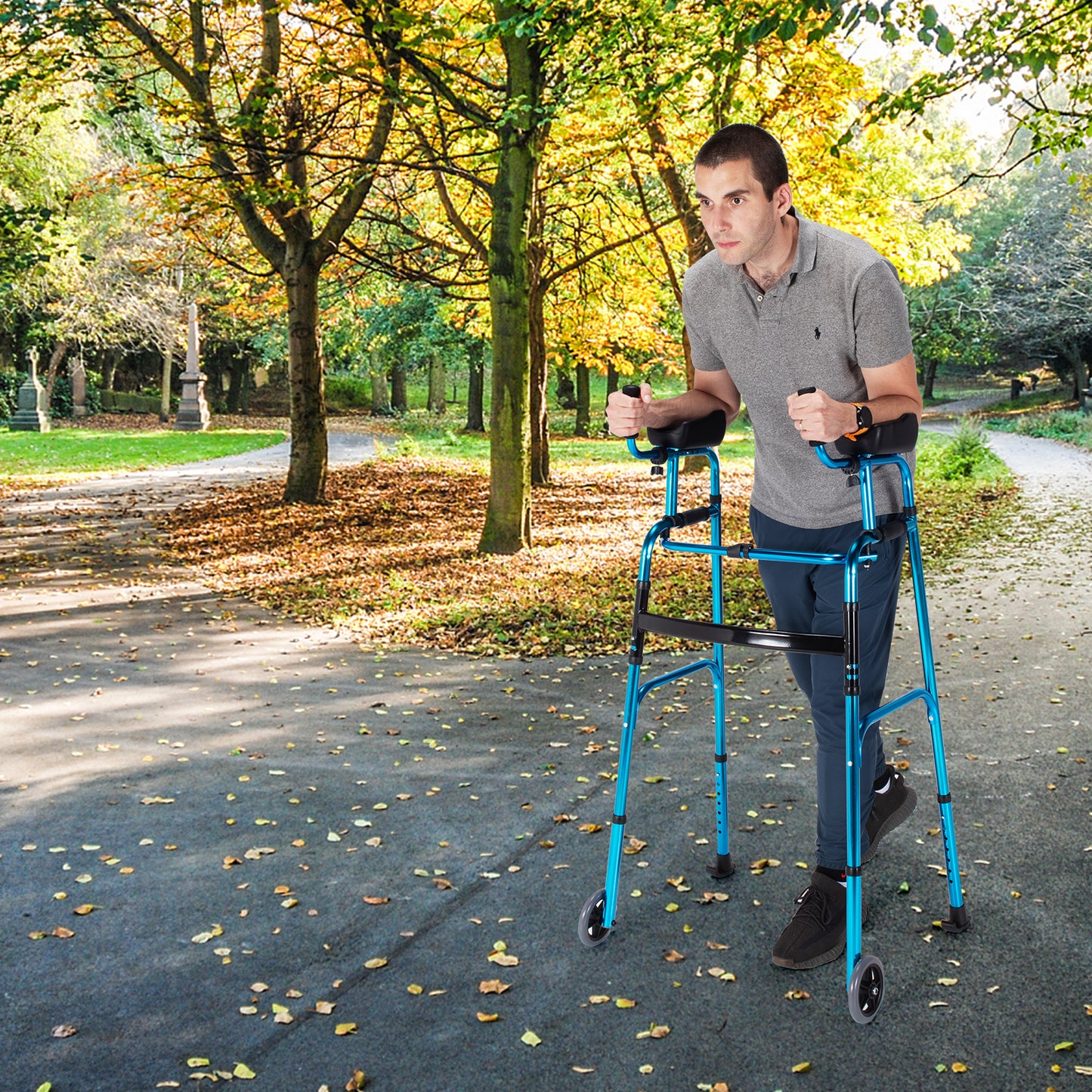 Folding Adjustable Aluminum Walker with Wheels - Navy