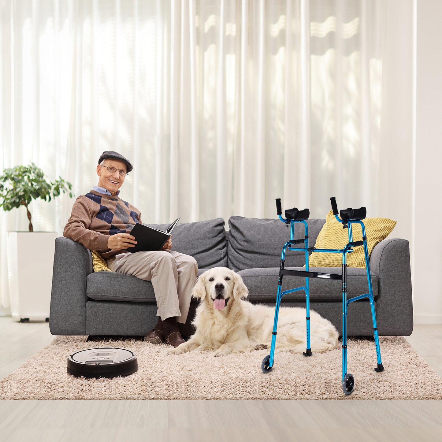 Folding Adjustable Aluminum Walker with Wheels - Navy