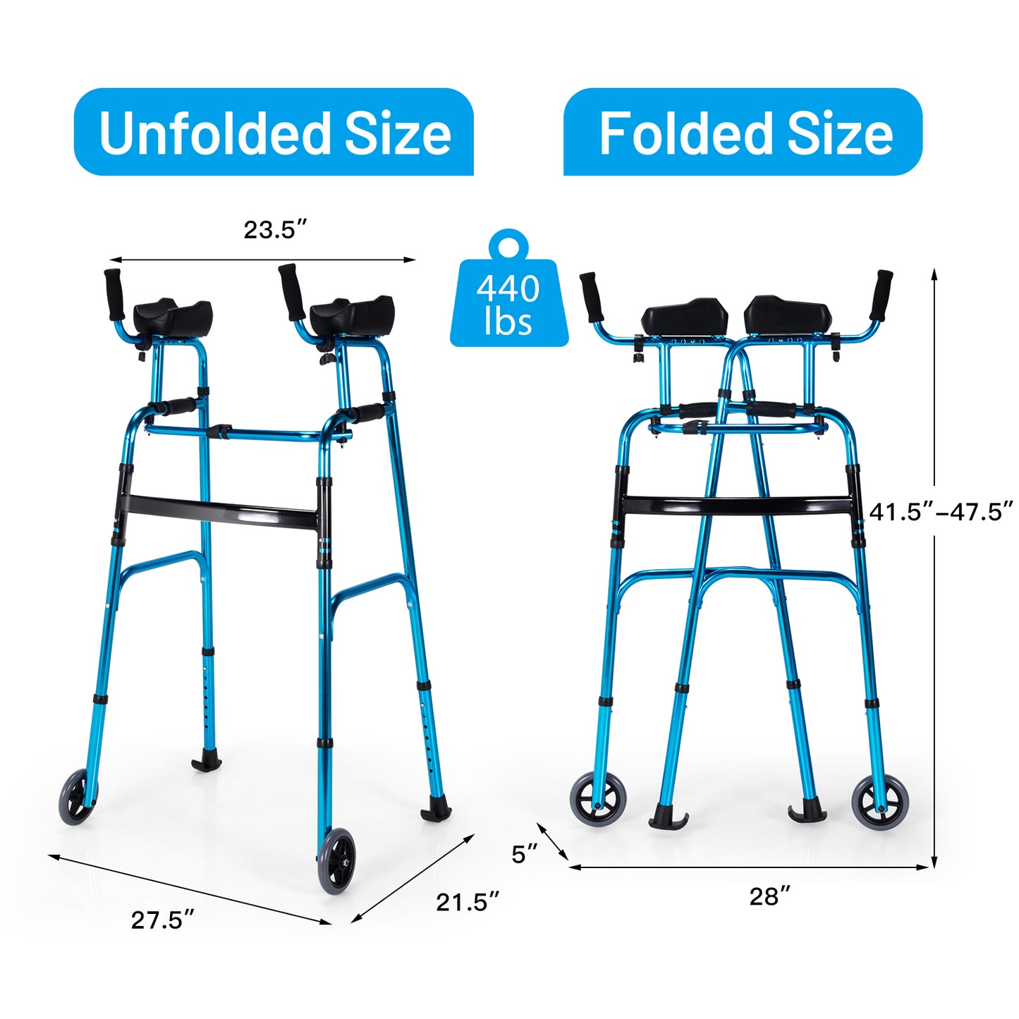 Folding Adjustable Aluminum Walker with Wheels - Navy