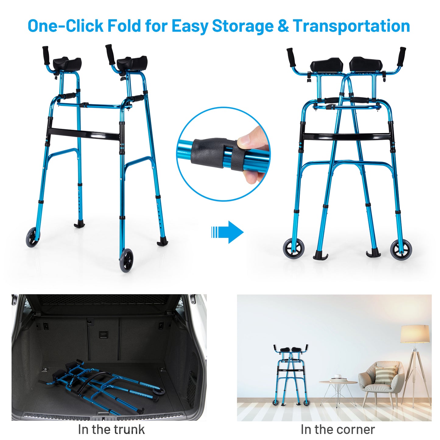 Folding Adjustable Aluminum Walker with Wheels - Navy