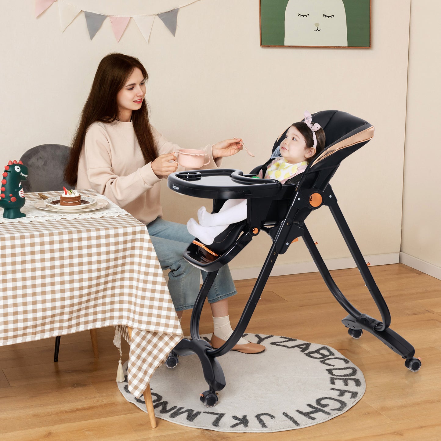 Folding Baby High Chair with Adjustable Height and Recline