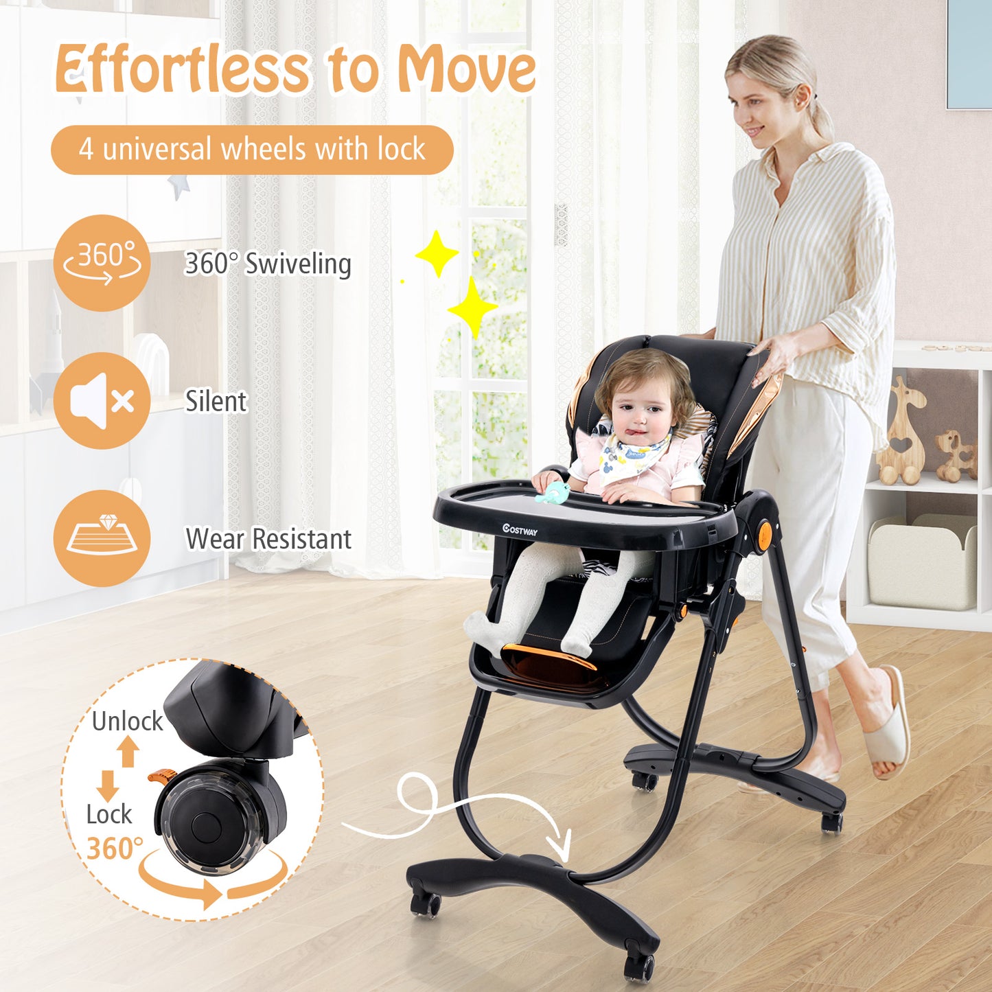 Folding Baby High Chair with Adjustable Height and Recline