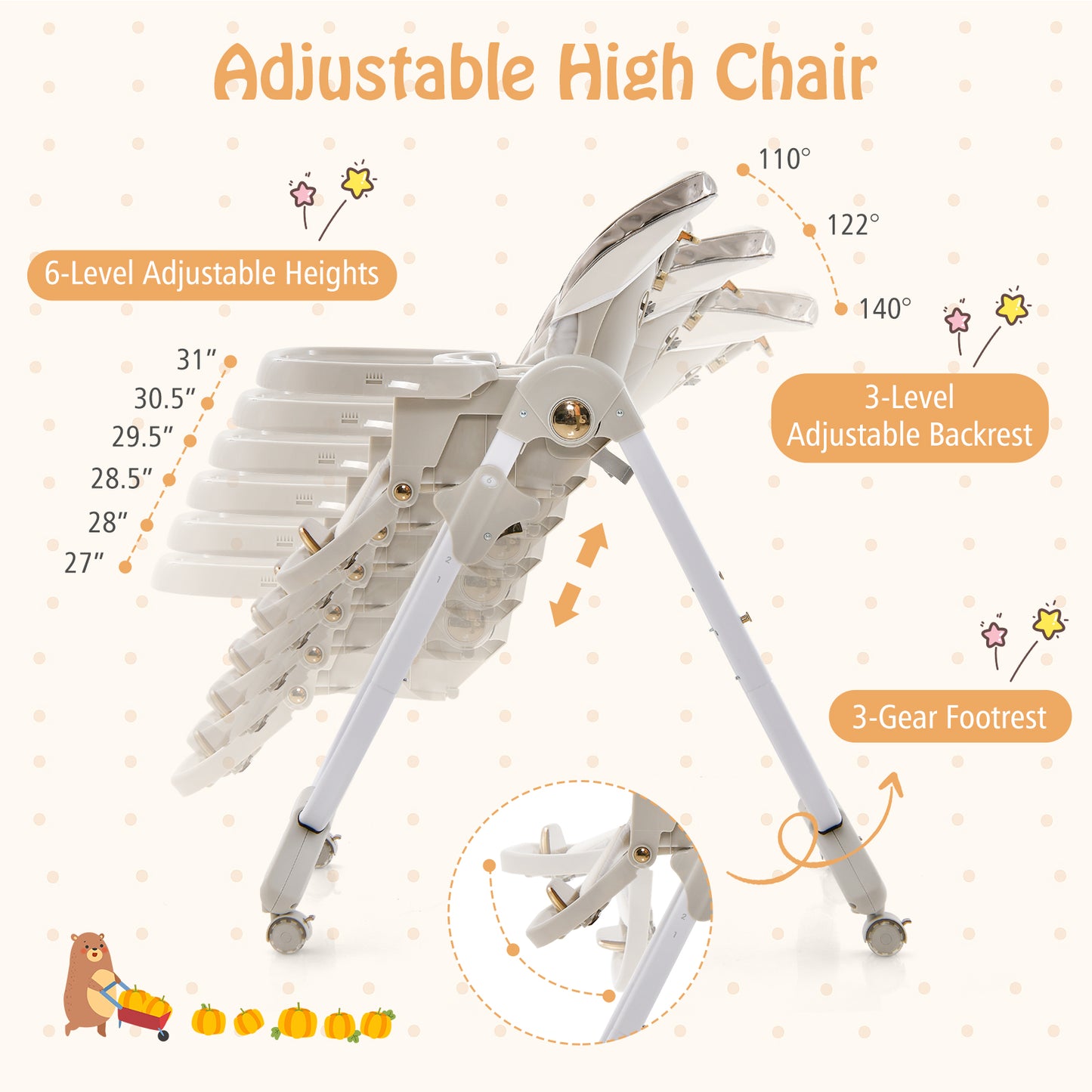 Folding Baby High Chair with Adjustable Height and Recline