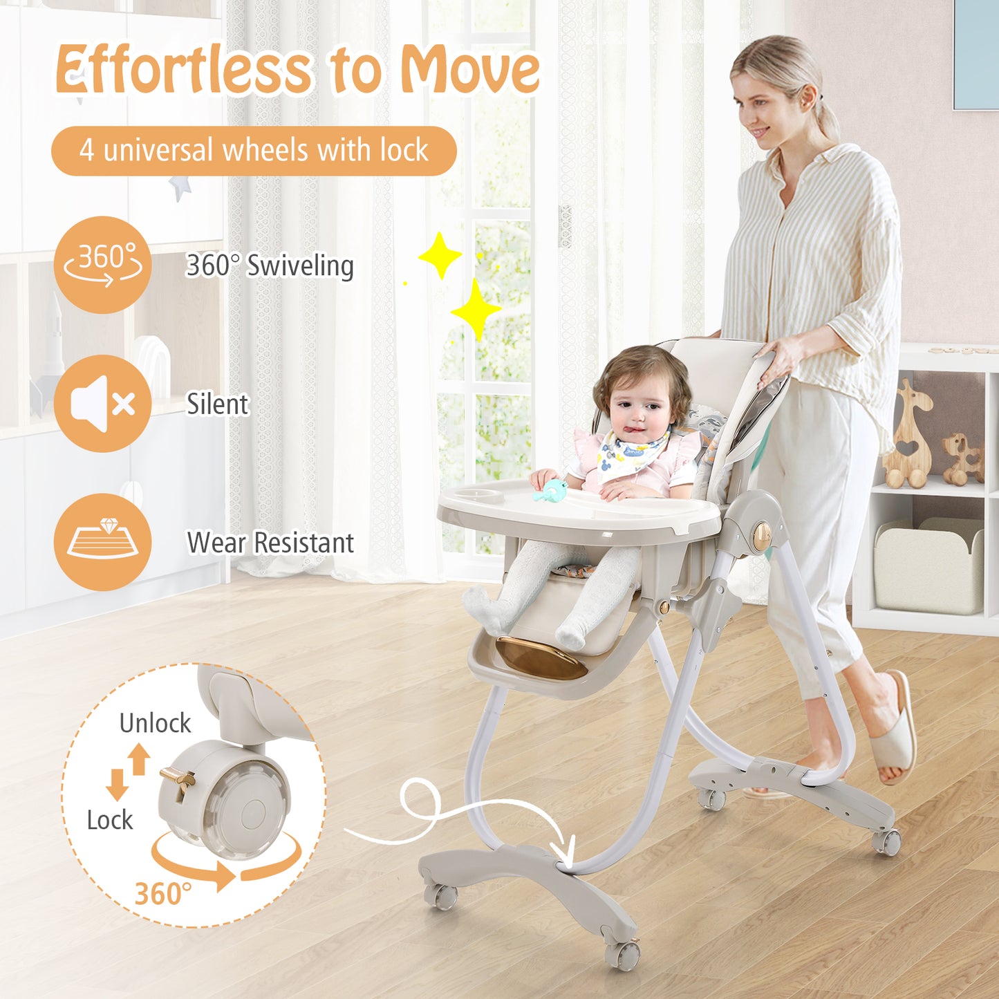 Folding Baby High Chair with Adjustable Height and Recline
