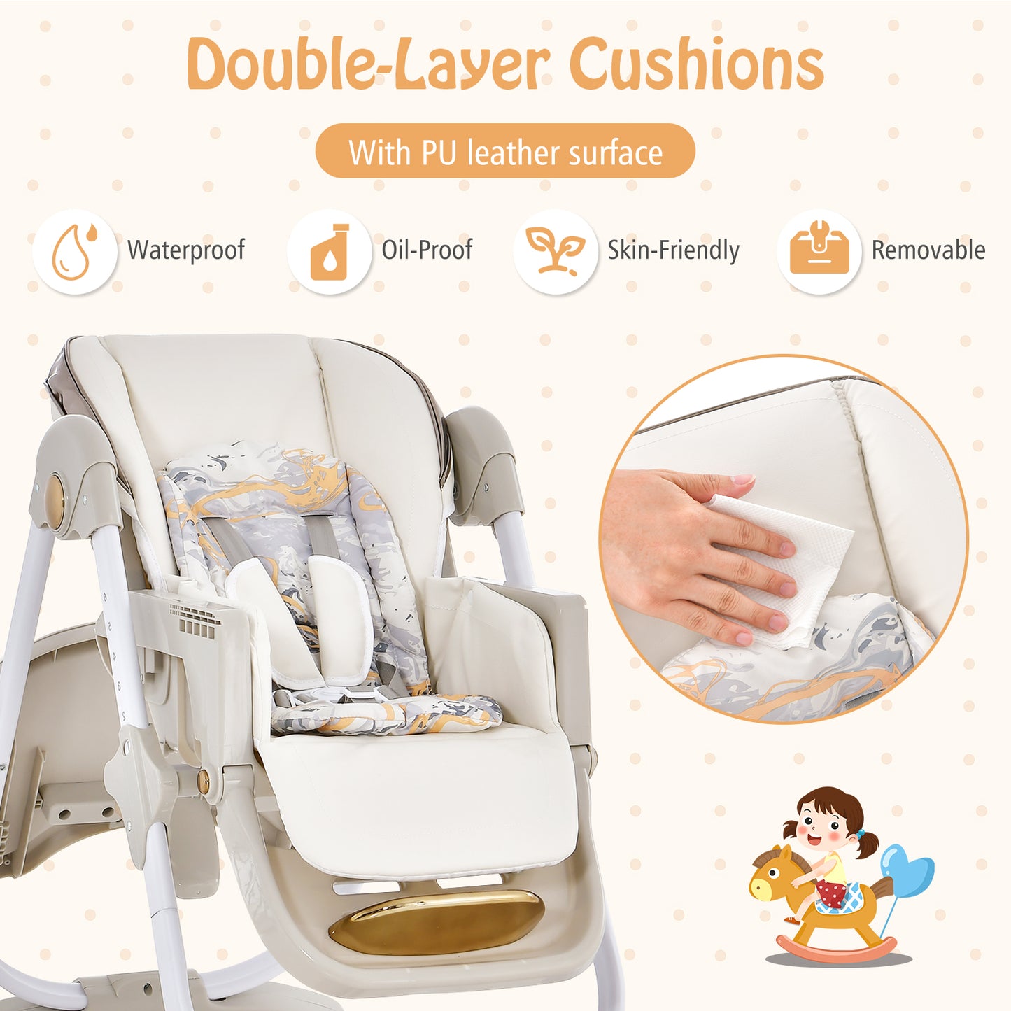 Folding Baby High Chair with Adjustable Height and Recline