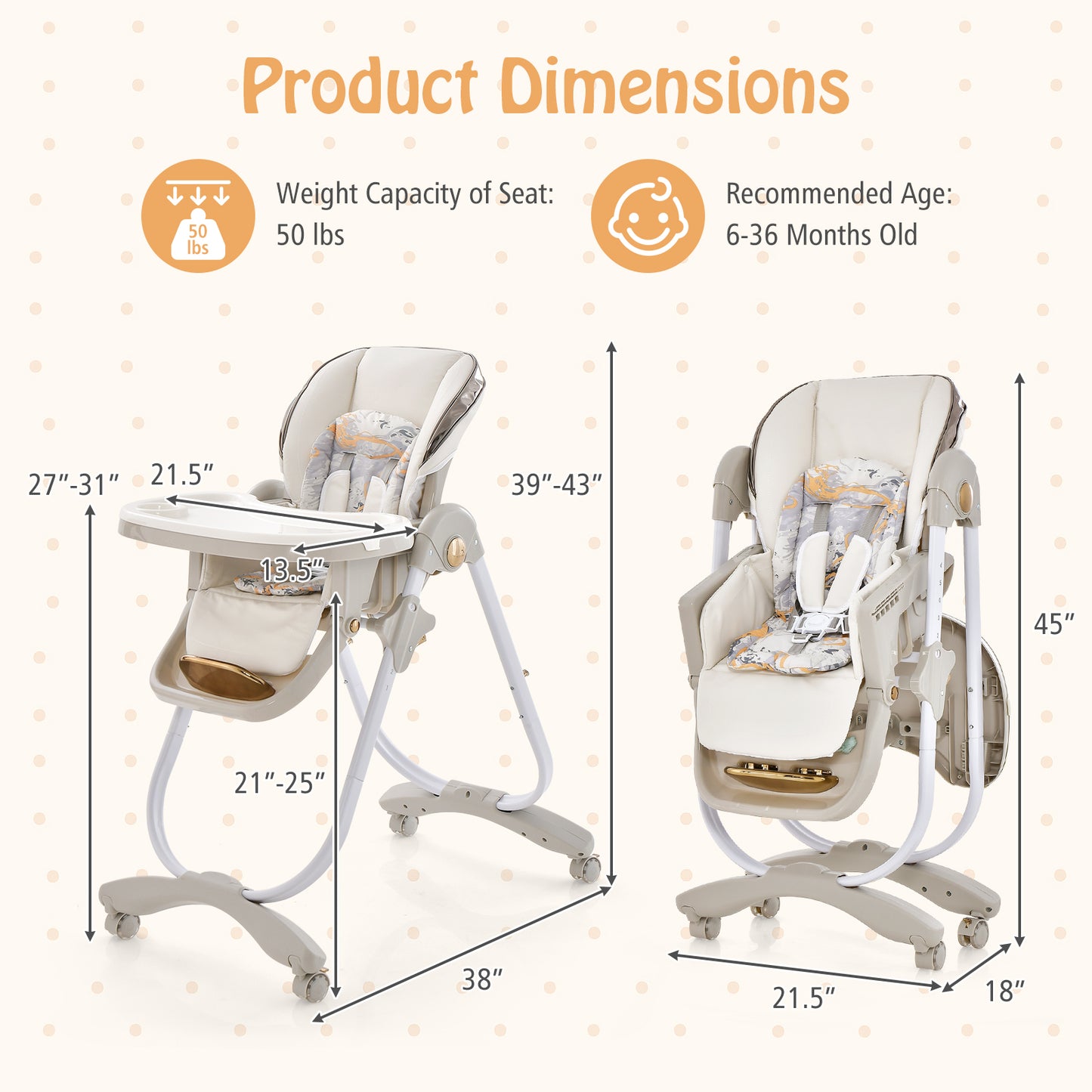 Folding Baby High Chair with Adjustable Height and Recline