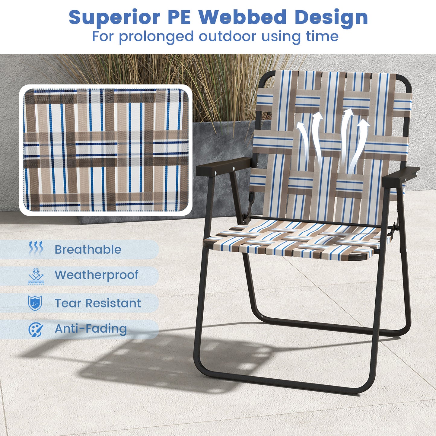 Folding Beach Chair with Steel Frame and Webbing - 2 Pack