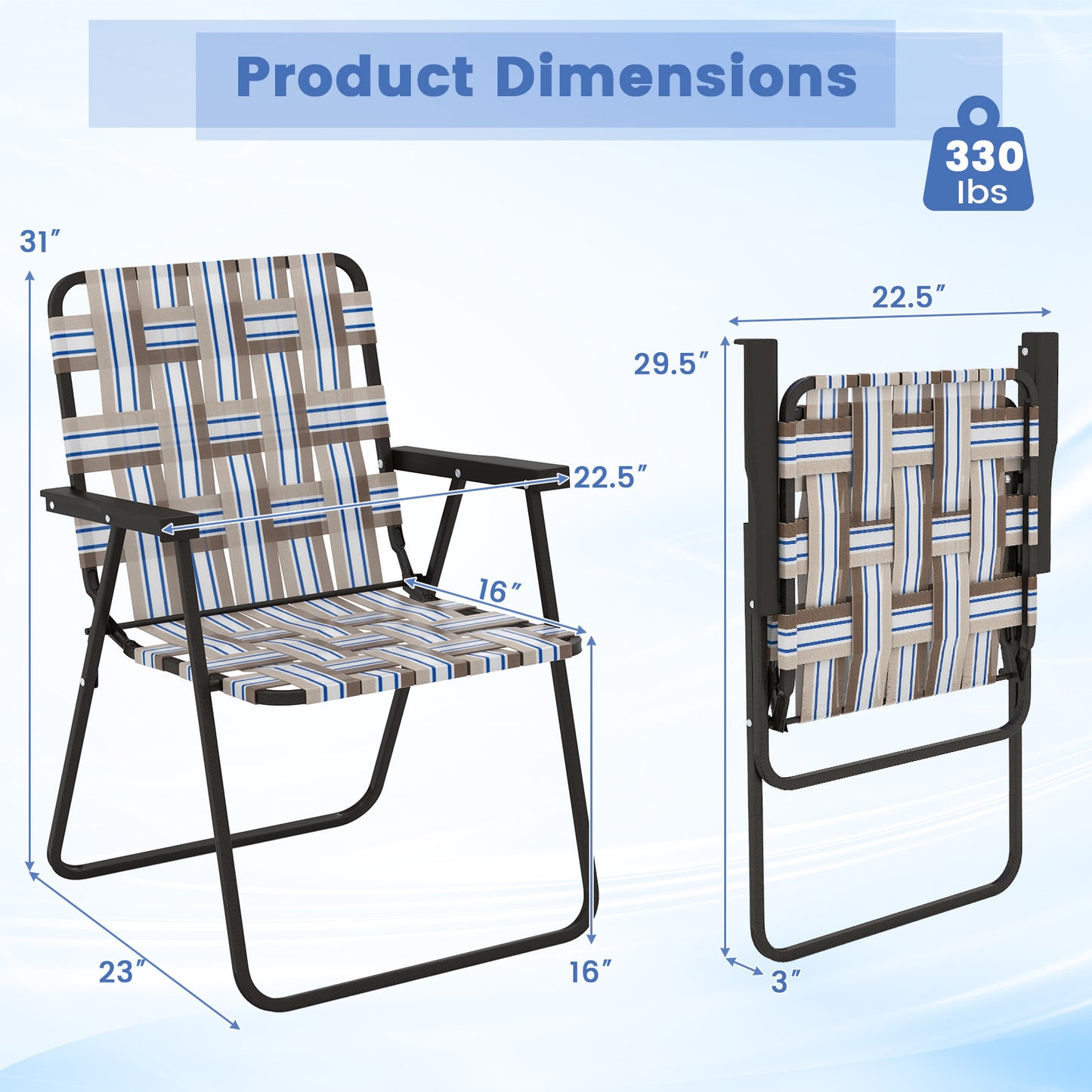 Folding Beach Chair with Steel Frame and Webbing - 2 Pack