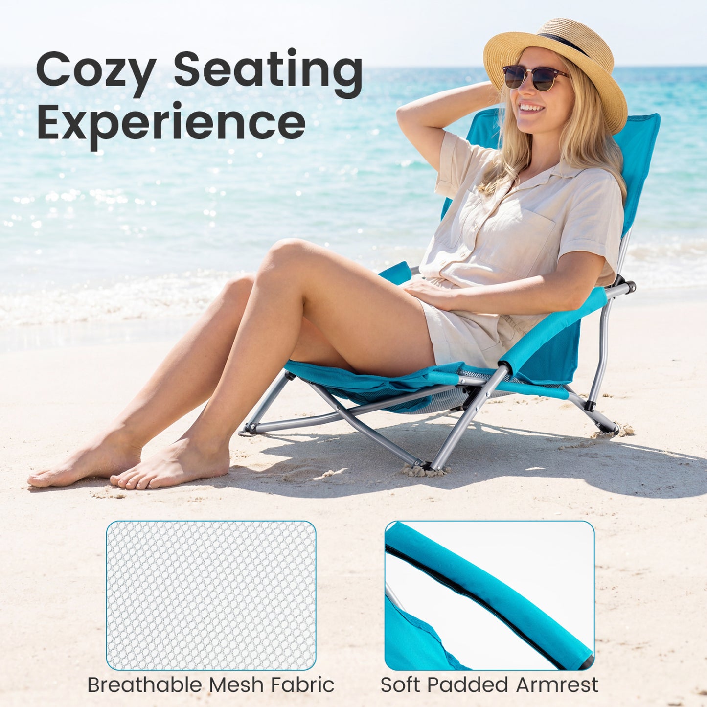 Folding Beach Chairs Set of 2 with Padded Armrests - Blue
