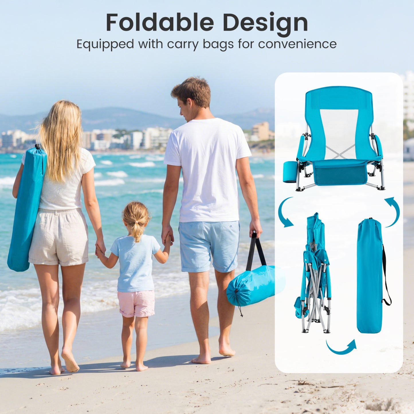 Folding Beach Chairs Set of 2 with Padded Armrests - Blue