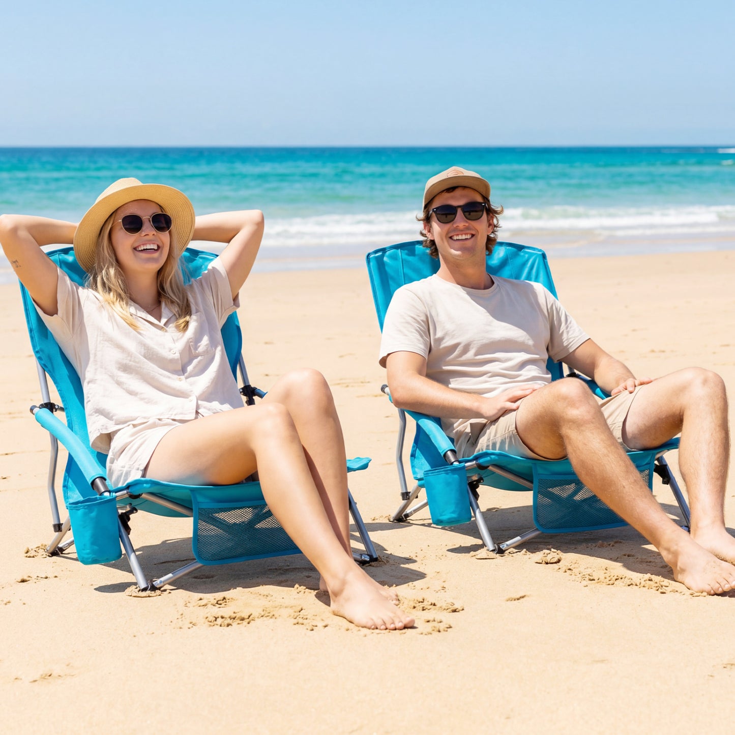 Folding Beach Chairs Set of 2 with Padded Armrests - Blue
