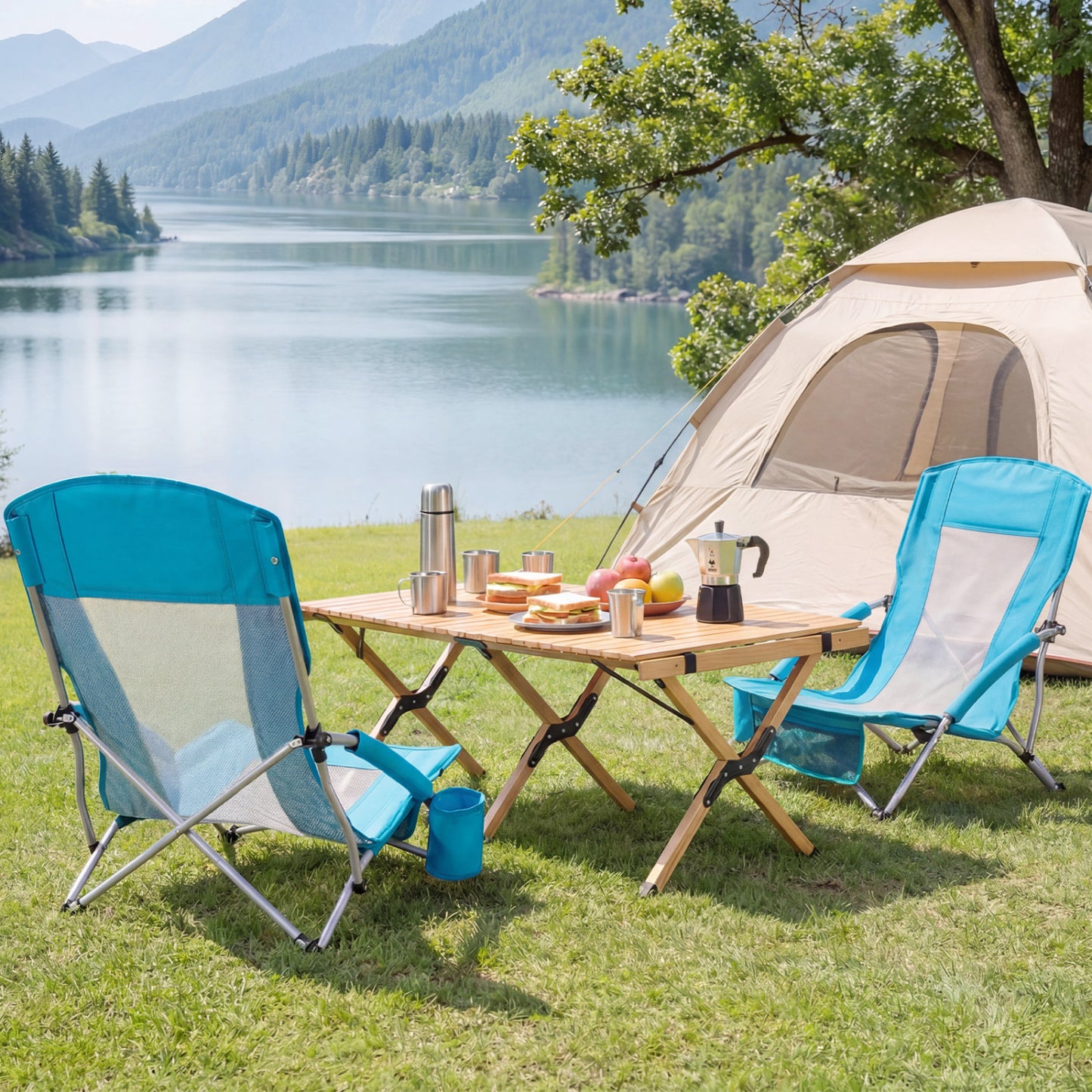 Folding Beach Chairs Set of 2 with Padded Armrests - Blue