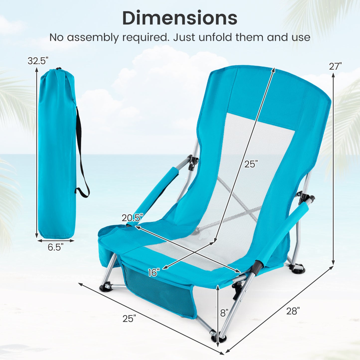 Folding Beach Chairs Set of 2 with Padded Armrests - Blue