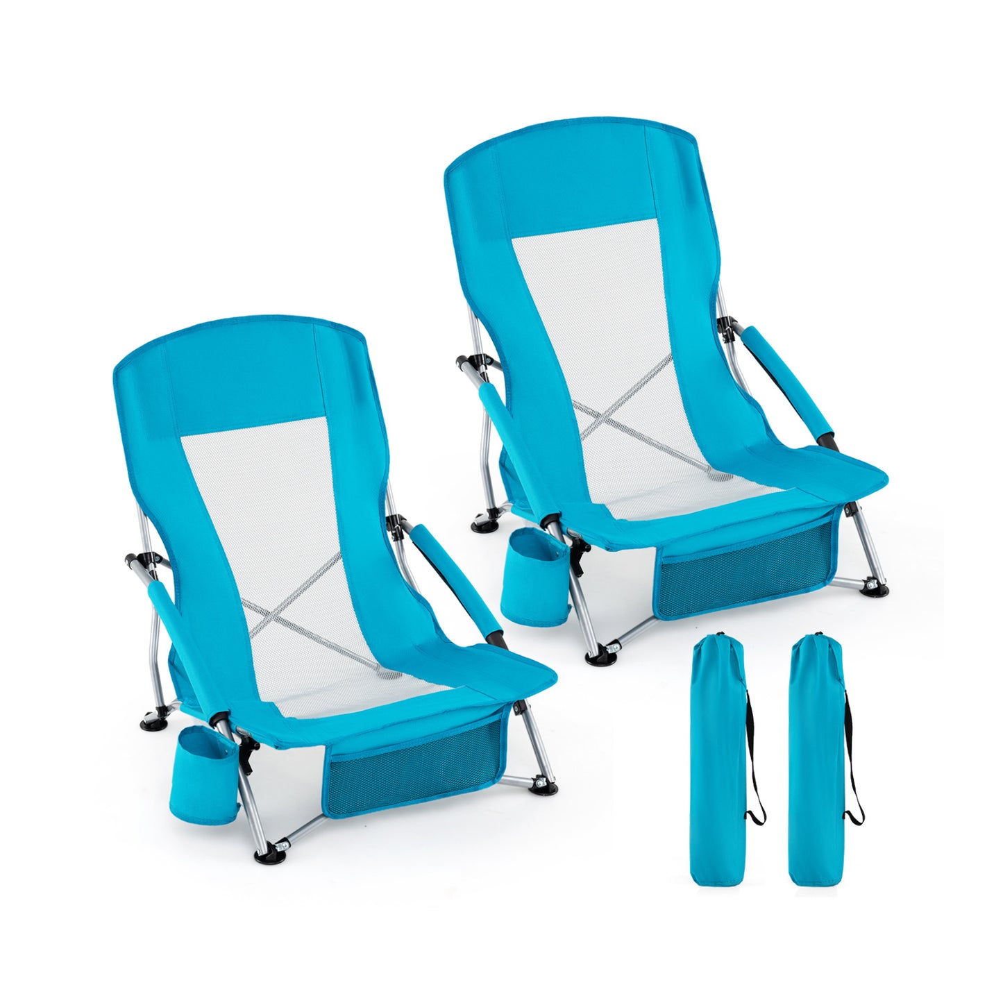 Folding Beach Chairs Set of 2 with Padded Armrests - Blue